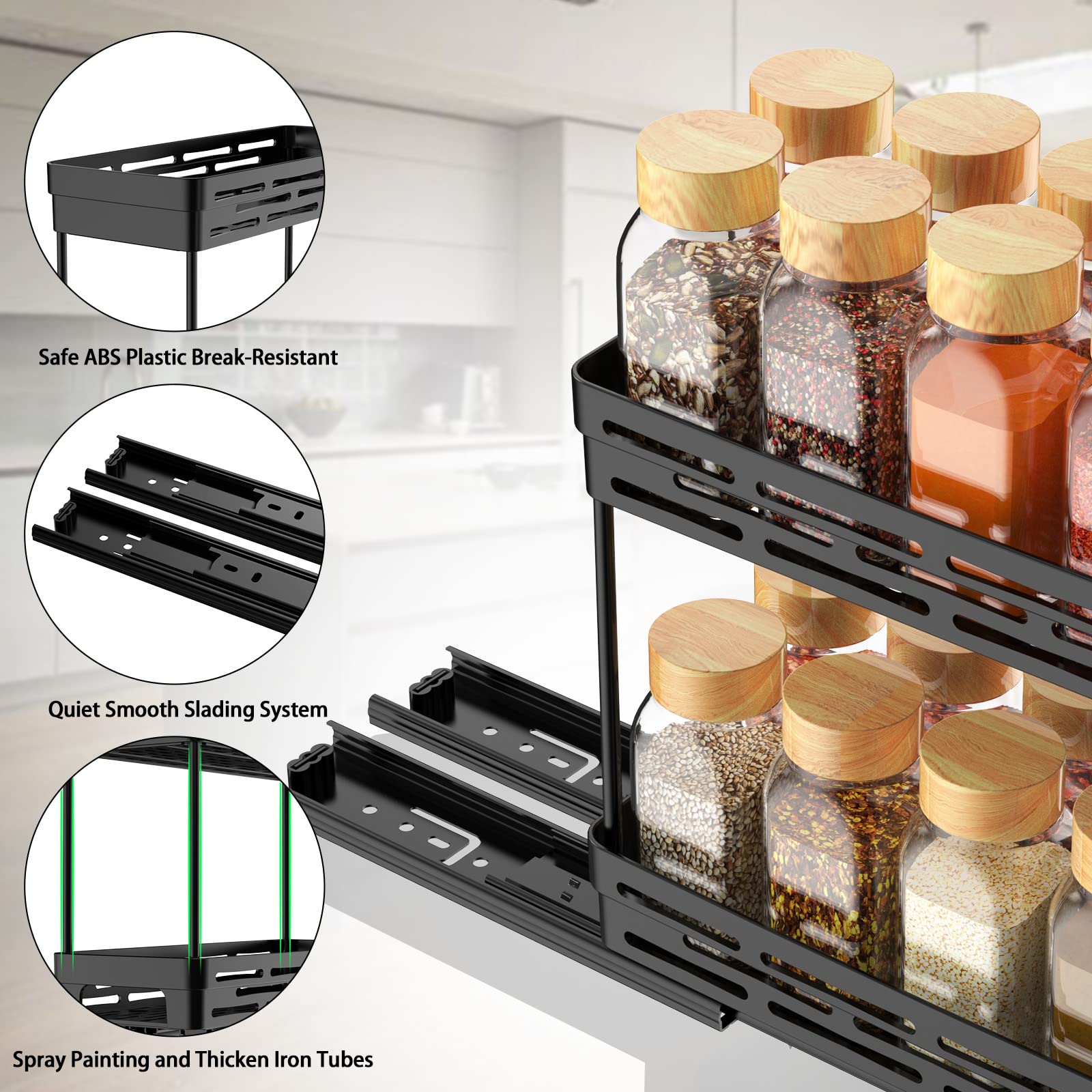 Slim Pull-Out Spice Rack Organizer – 3-Pack Slide-Out Cabinet Storage for Narrow Spaces (Black)