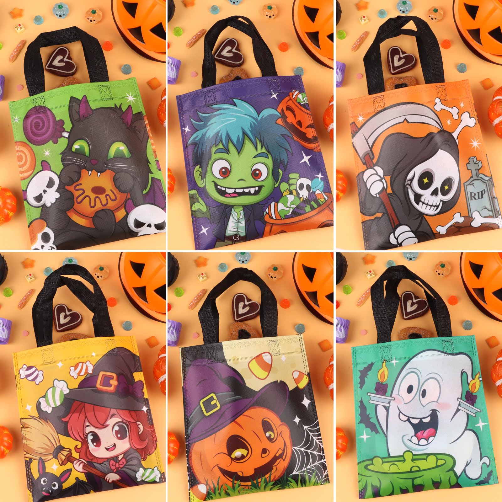 24-Pack Halloween Non-Woven Tote Bags – 6 Classic Designs (Pumpkin, Black Cat, Ghost) Reusable Trick-or-Treat Gift Bags