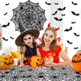 Halloween Lace Decoration Set – 5 Piece Black Gothic Décor Kit with Mantel Scarf, Table Runner, Lampshade, Round Cover & 3D Bat Wall Stickers