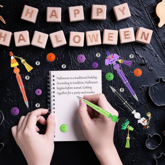 Halloween Beadable Pens Set 🎃 – 8 DIY Ballpoint Pens with Pumpkin, Ghost & Witch Beads (Green, Black, Purple, Orange)