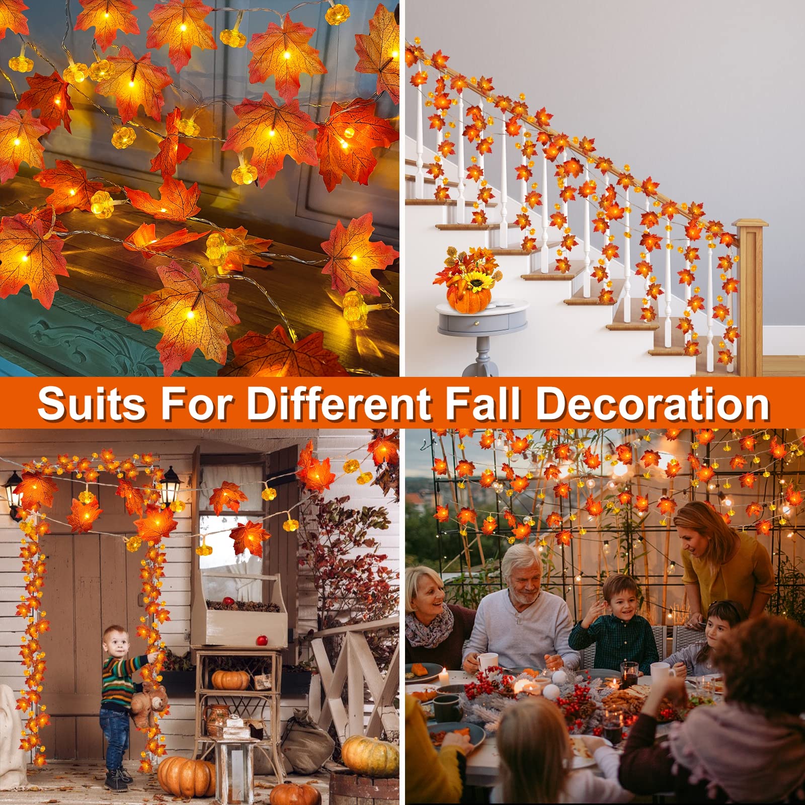 Maple Leaf & Pumpkin Fall Garland Lights – 20FT 60 LED Battery Operated with Timer (2-Pack, Warm White, Indoor/Outdoor)