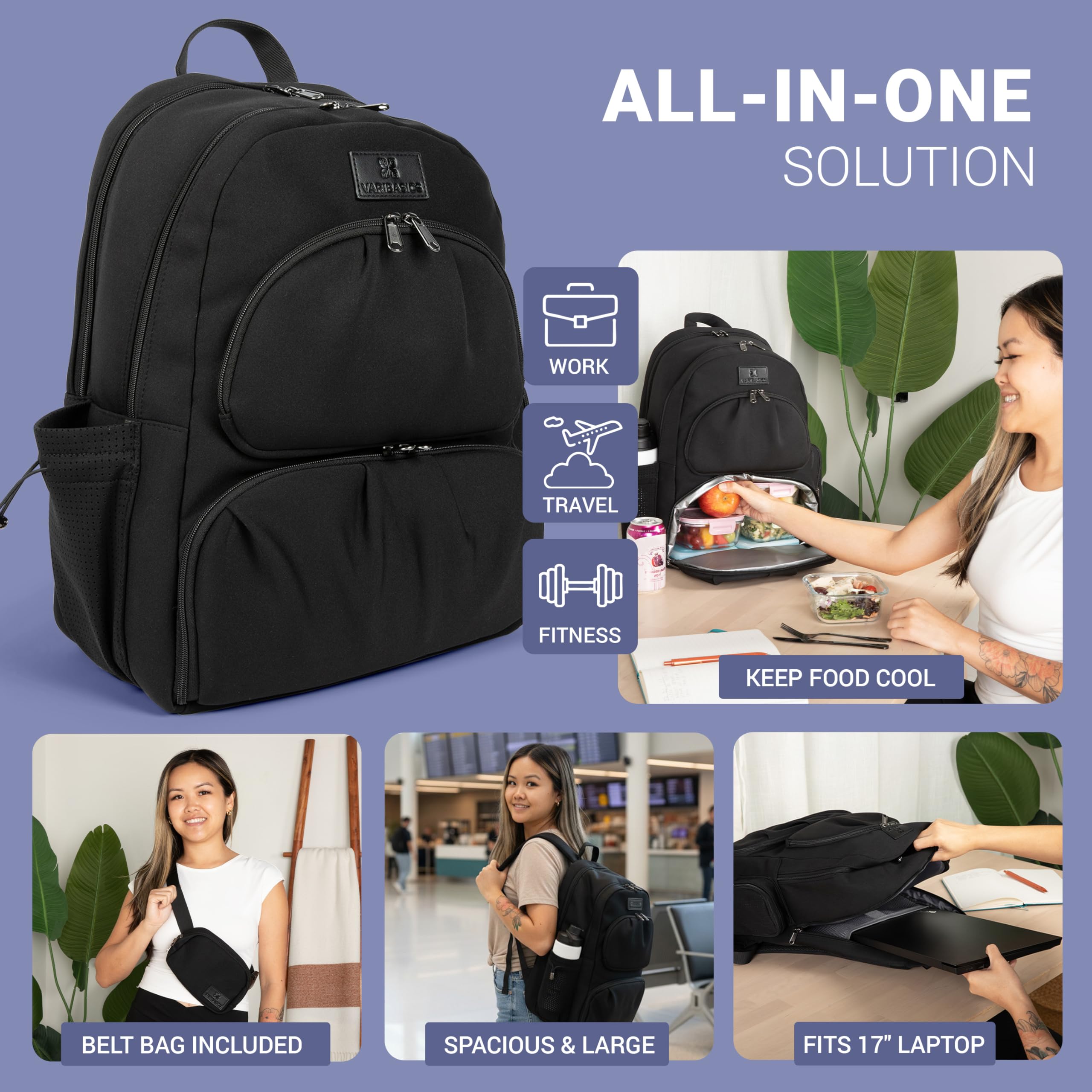 Alira Women’s Lunch Backpack with Insulated Cooler & Belt Bag – Premium Black Neoprene Work, Travel & Laptop Backpack (Fits 17”)