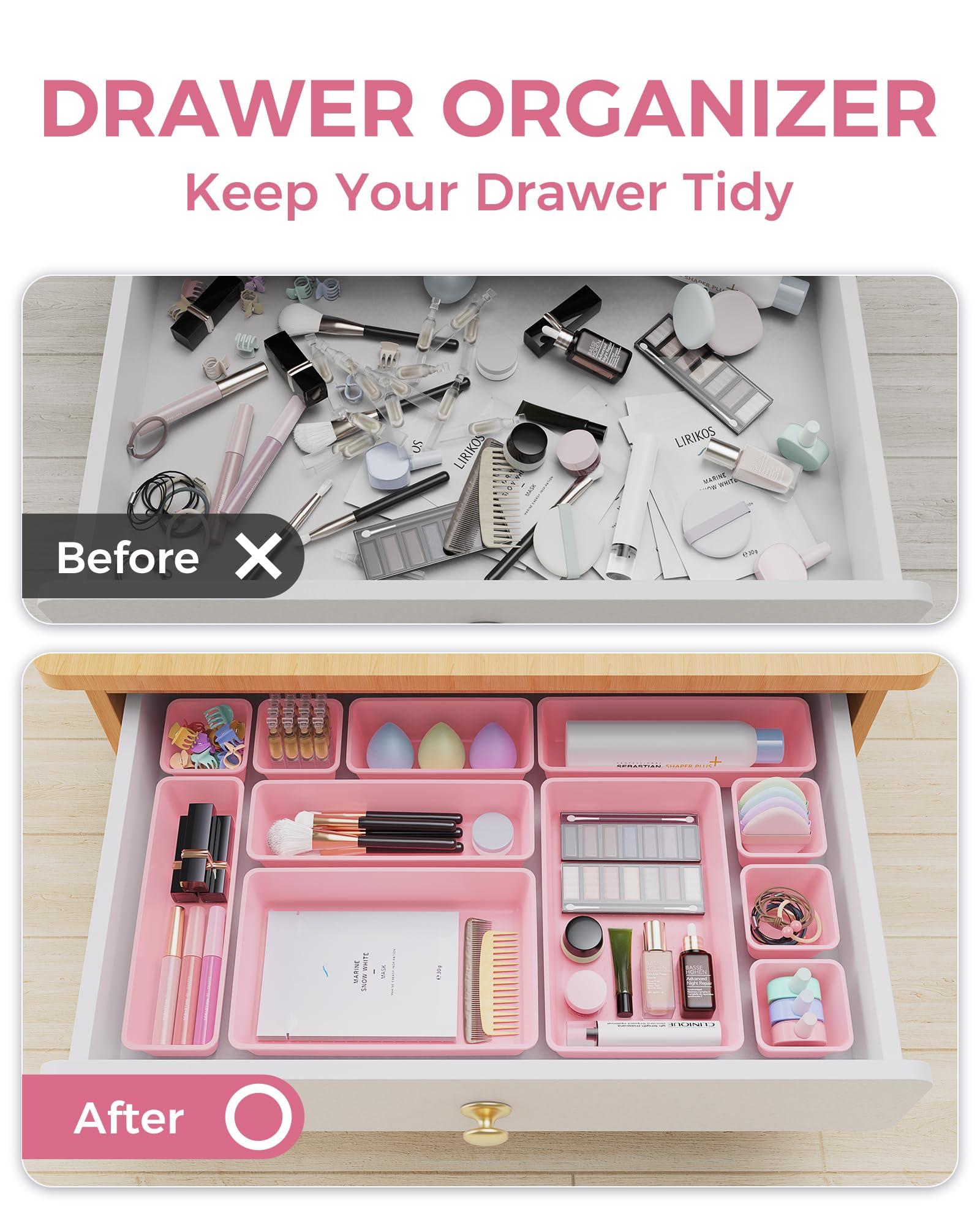 25-Piece Pink Drawer Organizer Set – Stackable Plastic Storage Trays for Makeup, Jewelry, Office & Kitchen Drawers