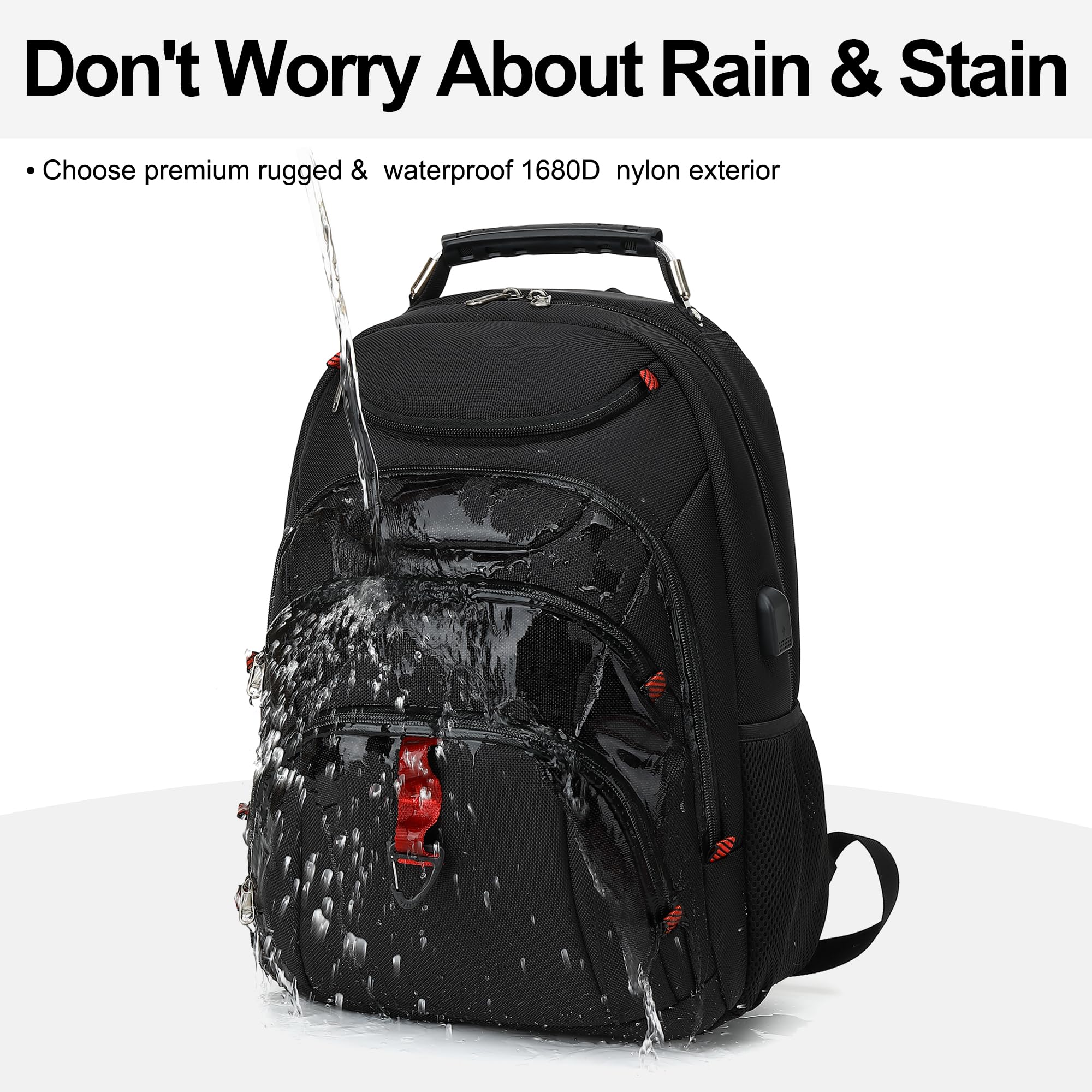 BOAVAN 15.6” Waterproof Laptop Backpack for Work & Travel with USB Port, RFID Pocket – Black