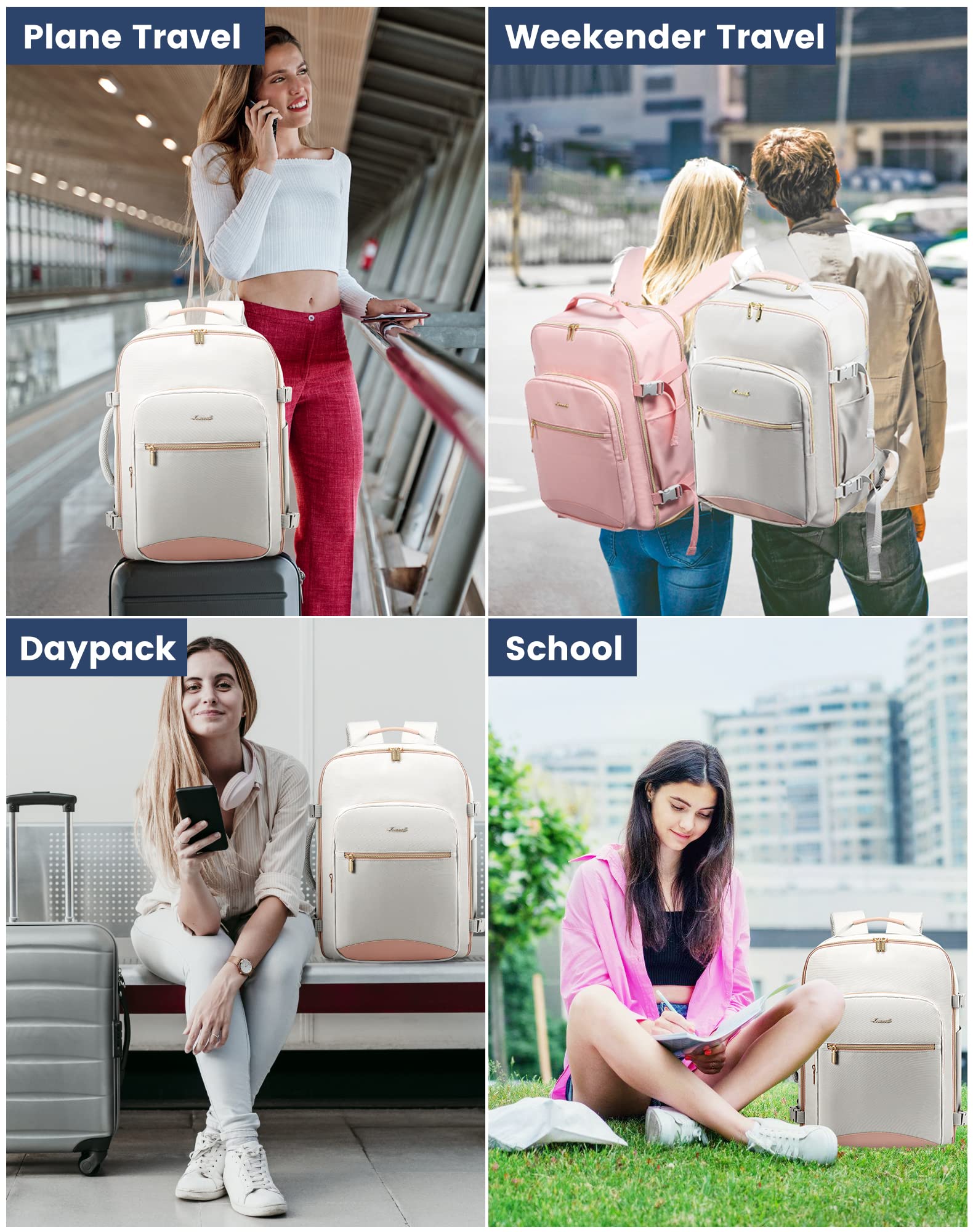 LOVEVOOK 40L Airline-Approved Carry-On Travel Backpack with Packing Cubes & Wet Pocket – Gray Pink