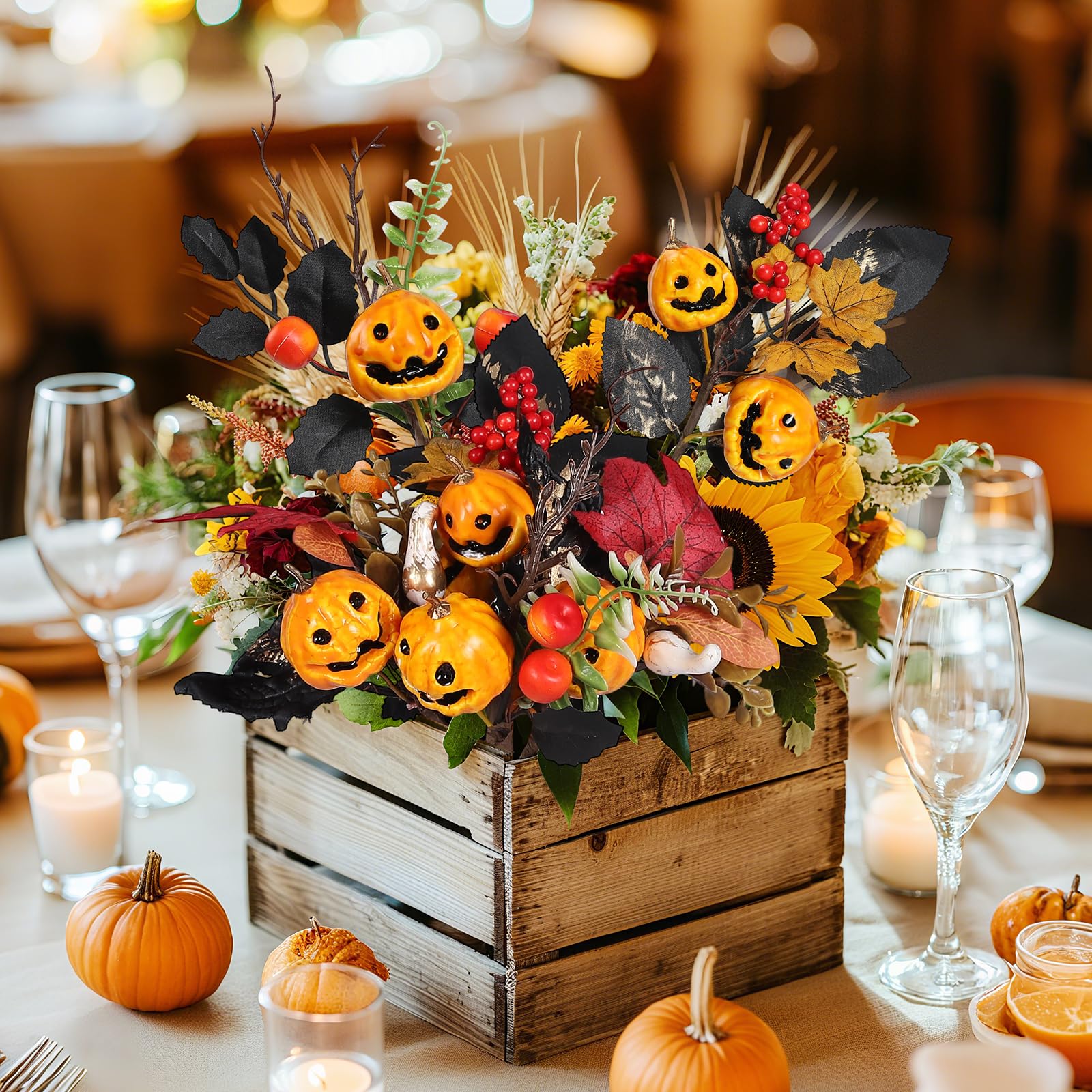 Lcuasc 6pcs Halloween Pumpkins Picks 9-10" Floral Picks with Grimace Pumpkin Berry Maple Leaves for Halloween Gothic Holidays Celebration Home Decor,Black