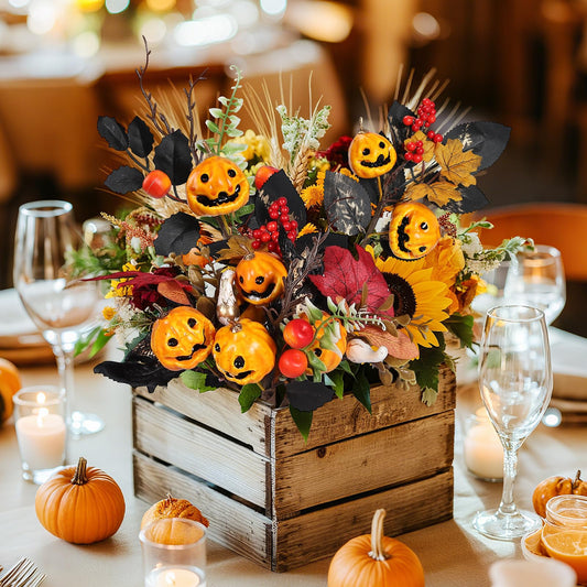 Halloween Pumpkin Picks Set – 6-Pack Black Floral Stems with Ghost Pumpkins, Maple Leaves & Berries (9–10 Inch, Reusable Spooky Décor)