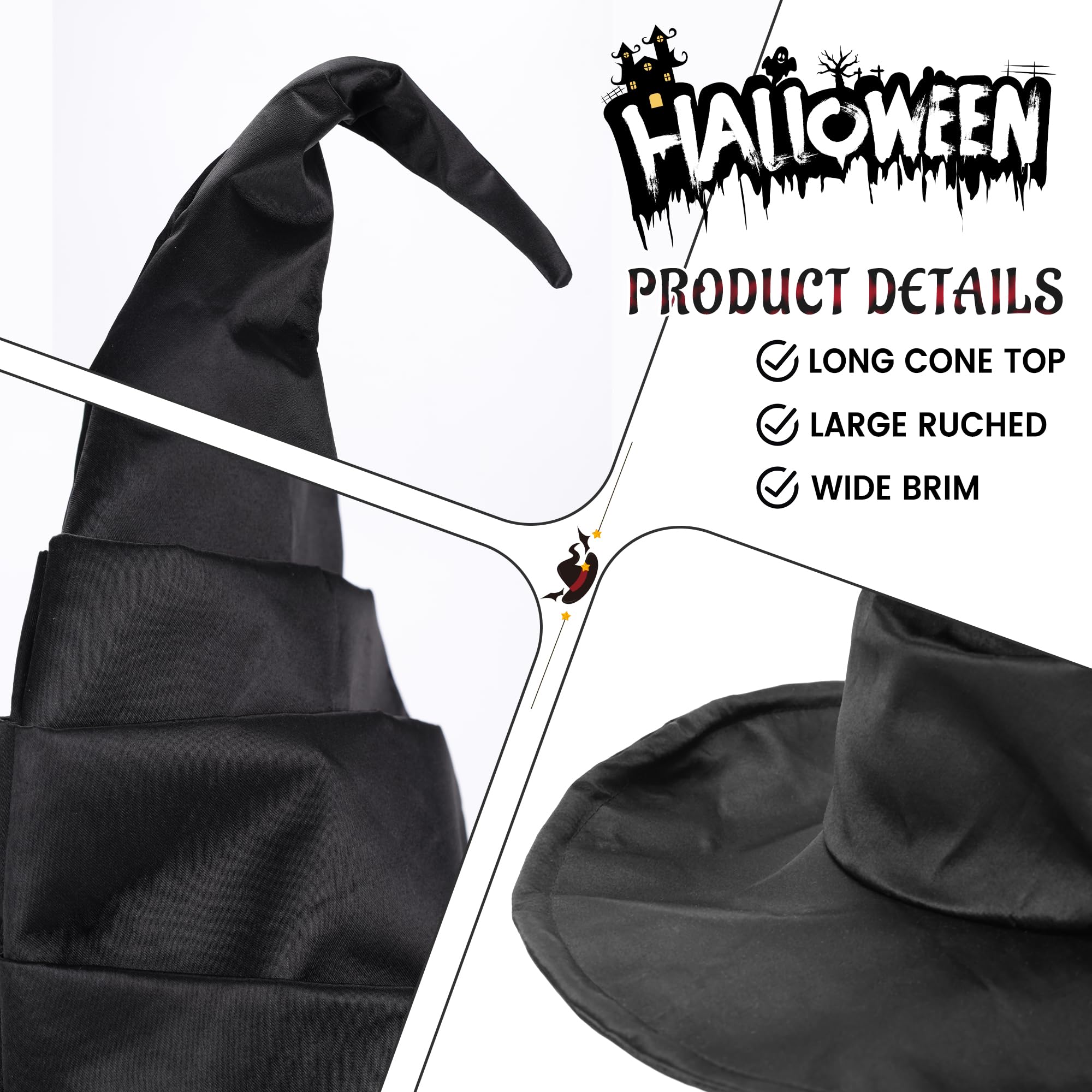 Bendable Witch Hat for Women – Adjustable Wire Brim & Cone | Premium Matte Satin Halloween Hat