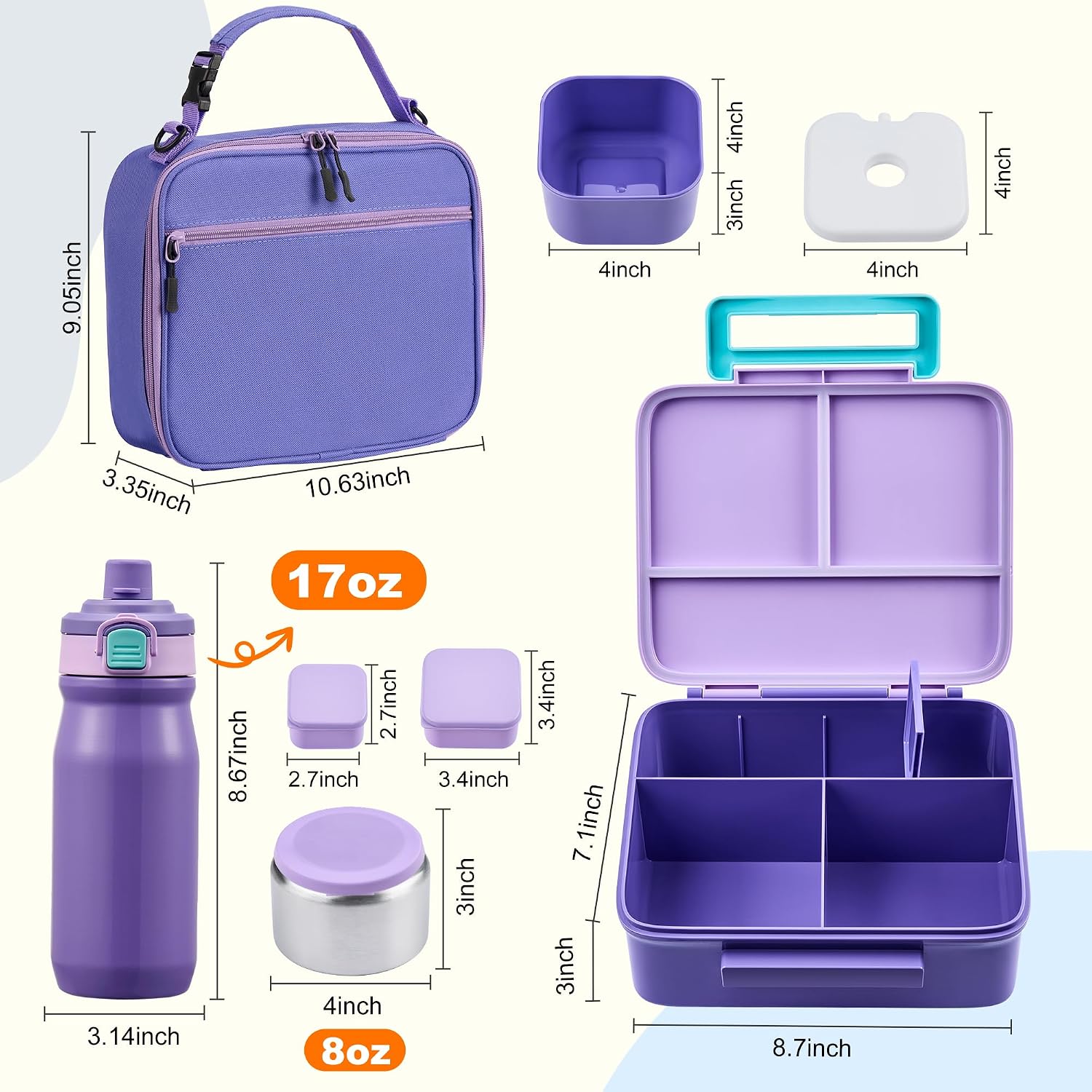 Kids 5-Compartment Bento Lunch Set with 8 oz Food Jar, 17 oz Insulated Bottle and Lunch Bag