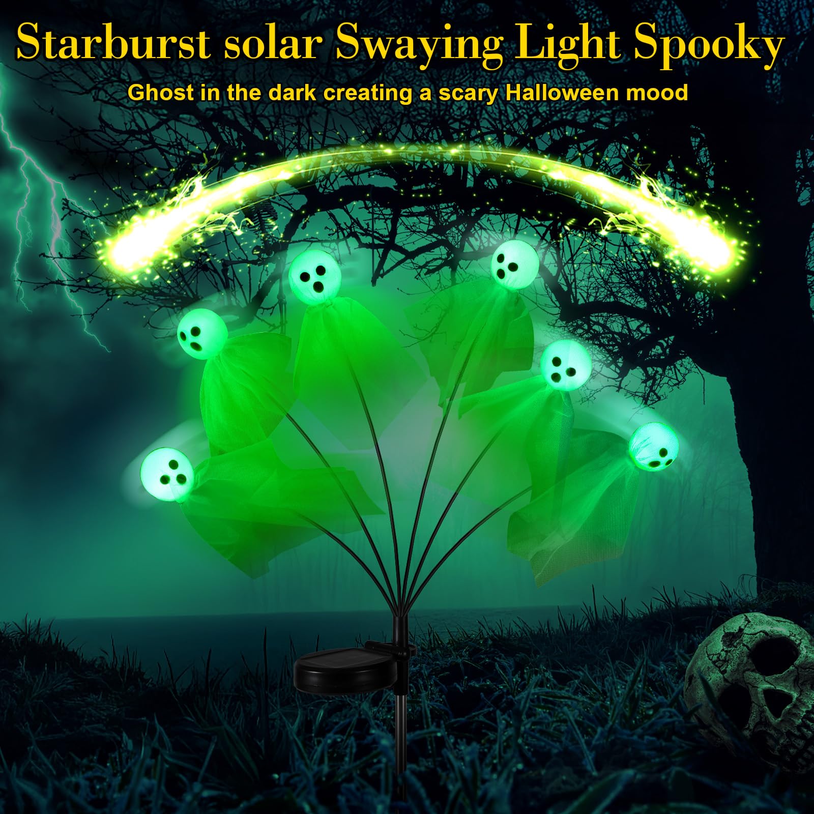 VIHOSE 2 Packs Halloween Decorations Outdoor Halloween Ghost Path Lights 12 LED Spooky Solar Lights Waterproof Solar Firefly Ghost Swaying Light for Outside Garden Lawn Yard Decors (Green)