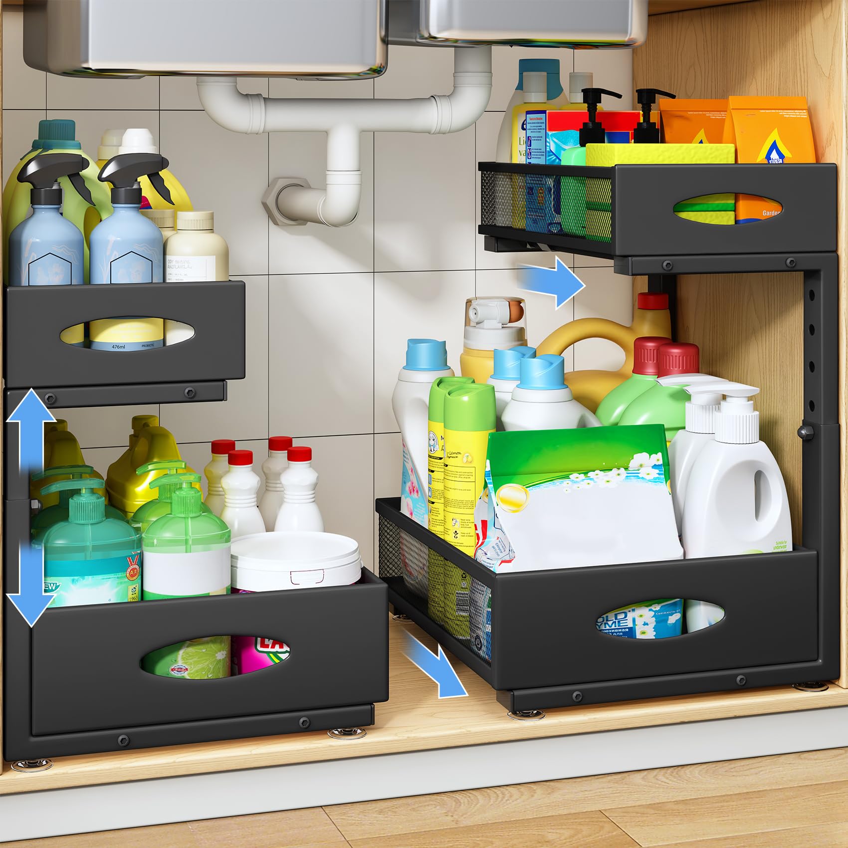 Extra-Large 2-Tier Under Sink Organizer (2-Pack) – Heavy-Duty Mesh Pull-Out Drawers for Framed & Frameless Cabinets, Black