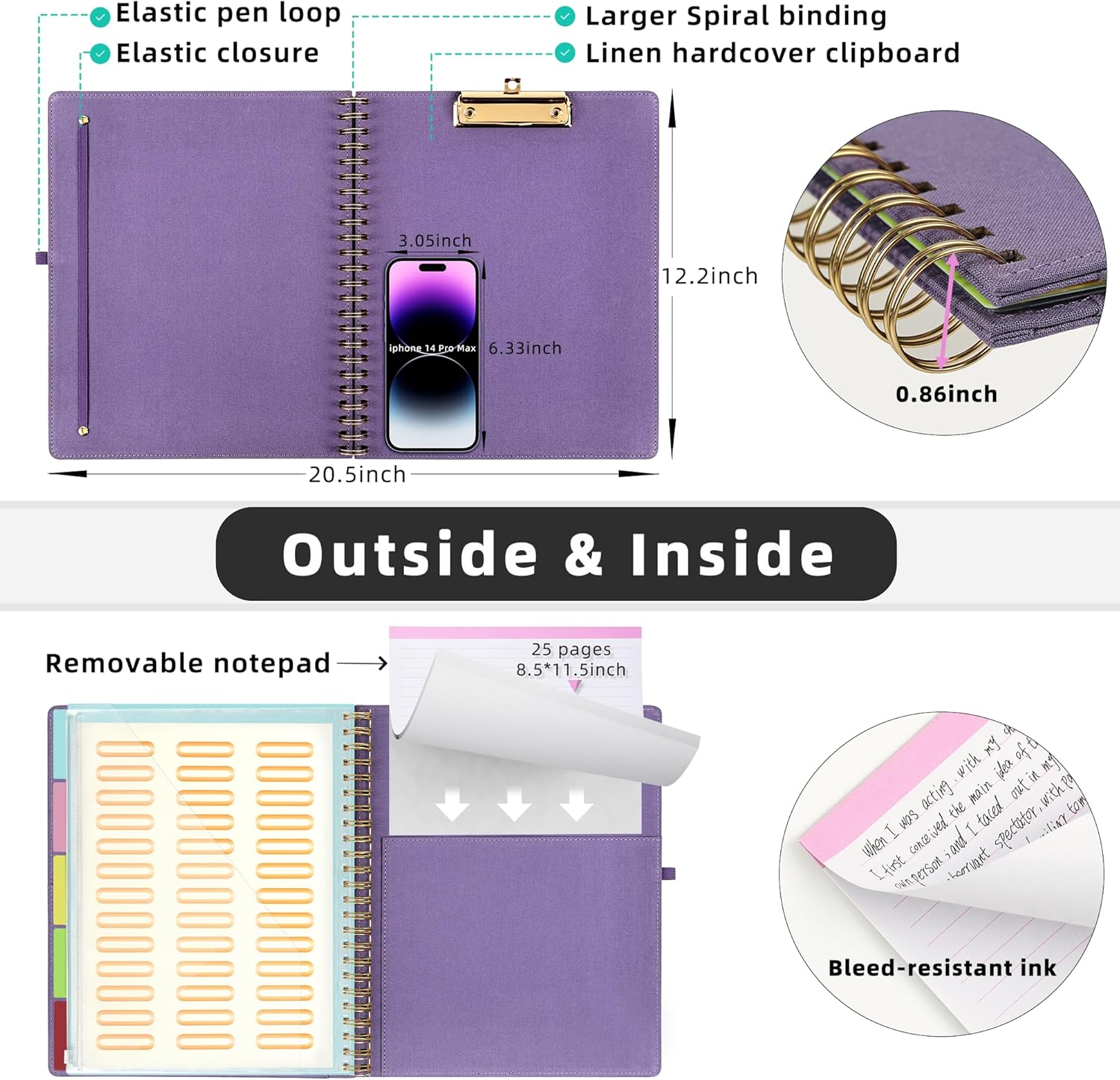 Purple Foldable Clipboard Folio with 10 Storage Pockets