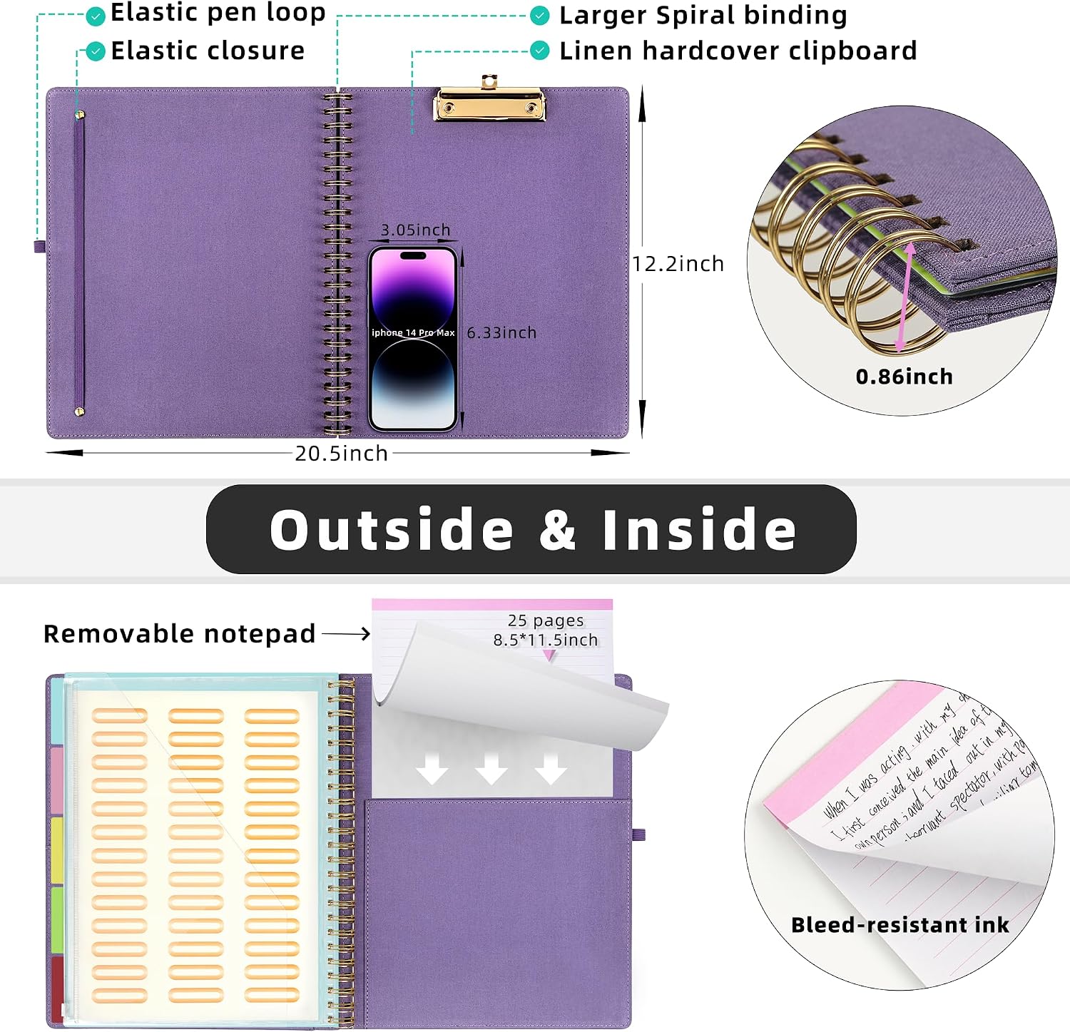 Purple Foldable Clipboard Folio with Pockets and Notepad