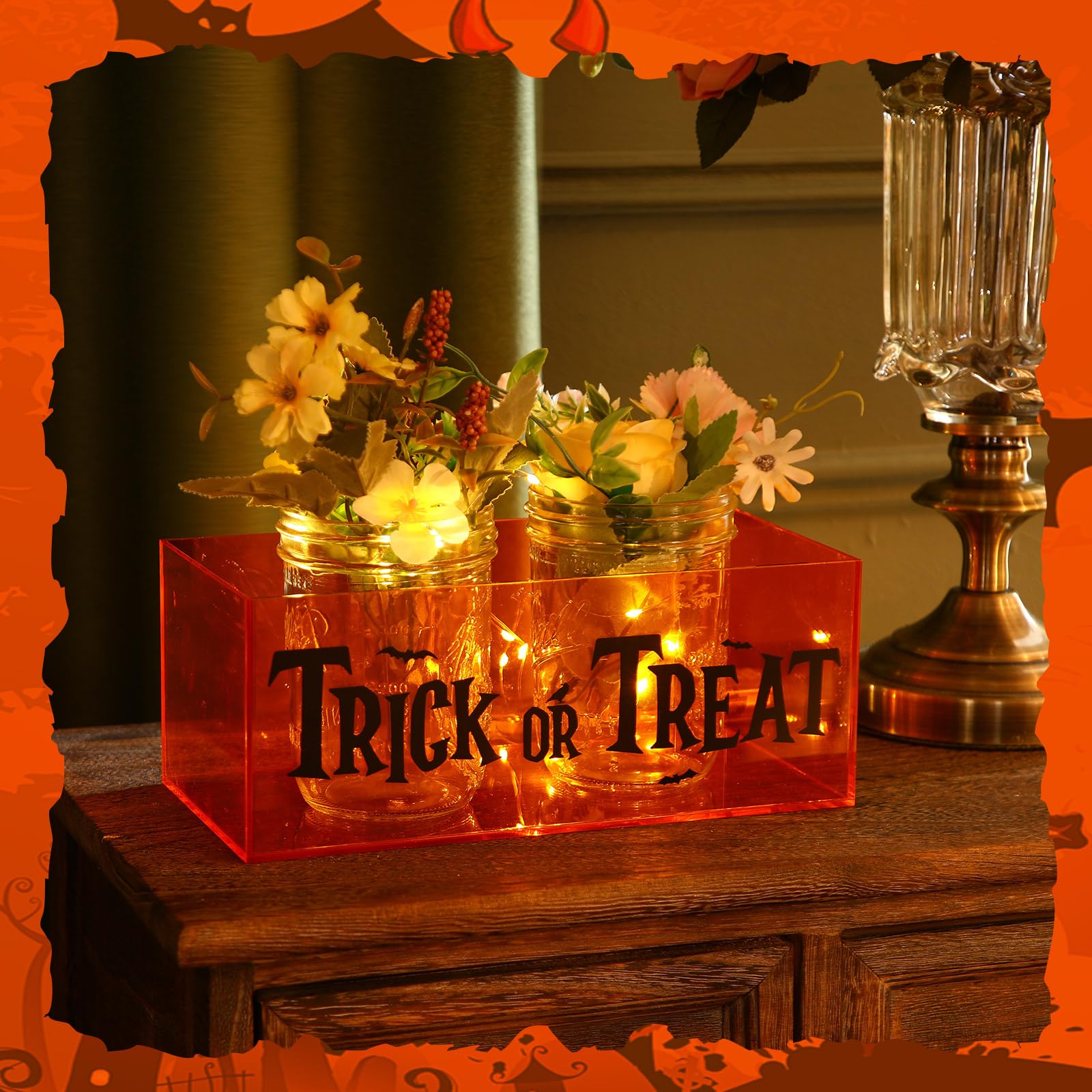 Light-Up Acrylic Trick or Treat Candy Bowl with LED String Lights – Halloween Party Table Decoration (Orange)