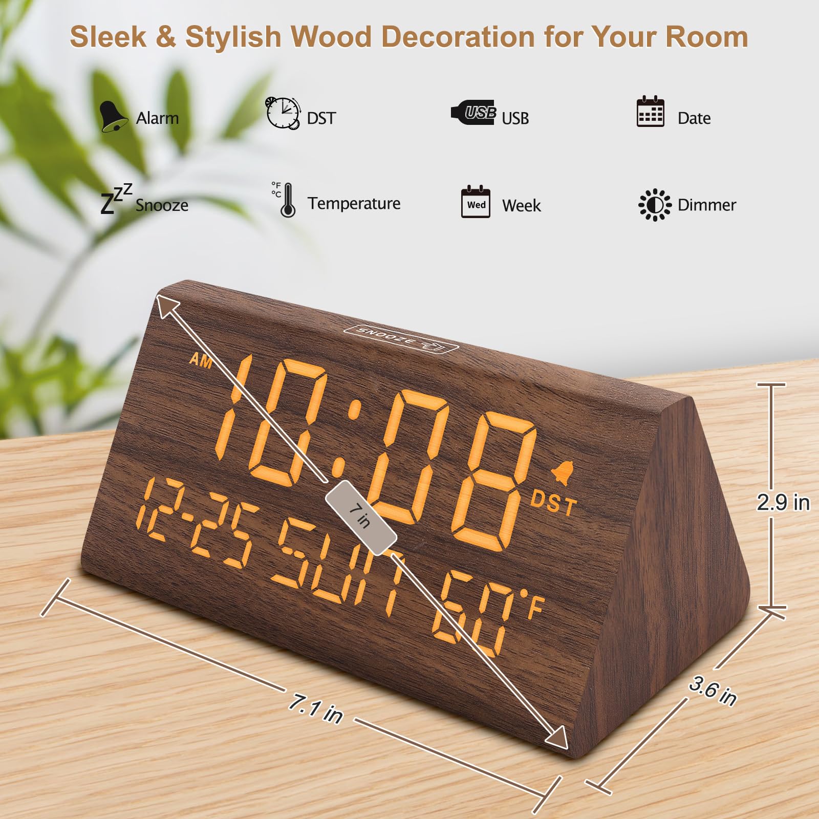 DreamSky Wooden Digital Alarm Clock with Large Display, Date & Temperature – USB Charging Bedside Desk Clock Brown