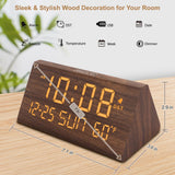 DreamSky Wooden Digital Alarm Clock with Large Display, Date & Temperature – USB Charging Bedside Desk Clock Brown