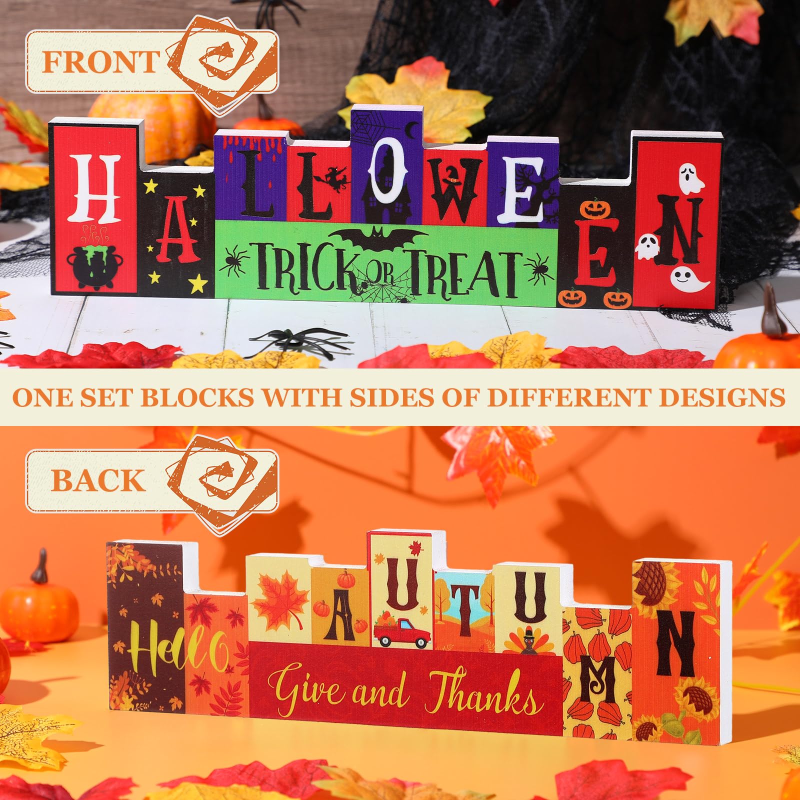 Reversible Wooden Table Sign – “Trick or Treat” & “Give and Thanks” Double-Sided Halloween & Thanksgiving Décor