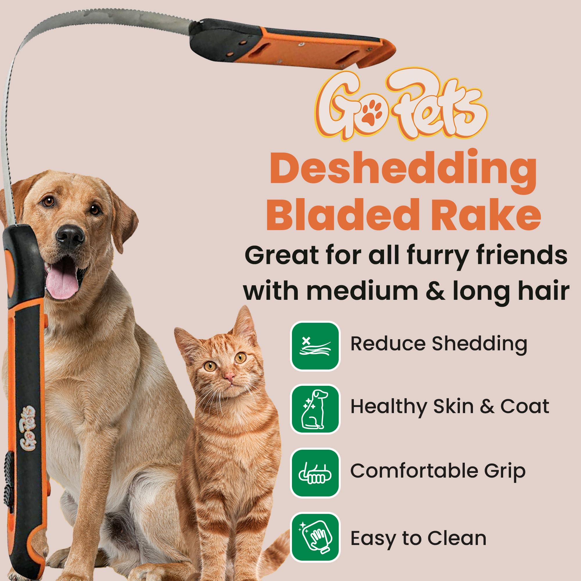 GoPets Professional Deshedding Blade Rake with Adjustable Stainless Steel Comb, Undercoat Grooming Tool for Dogs and Cats