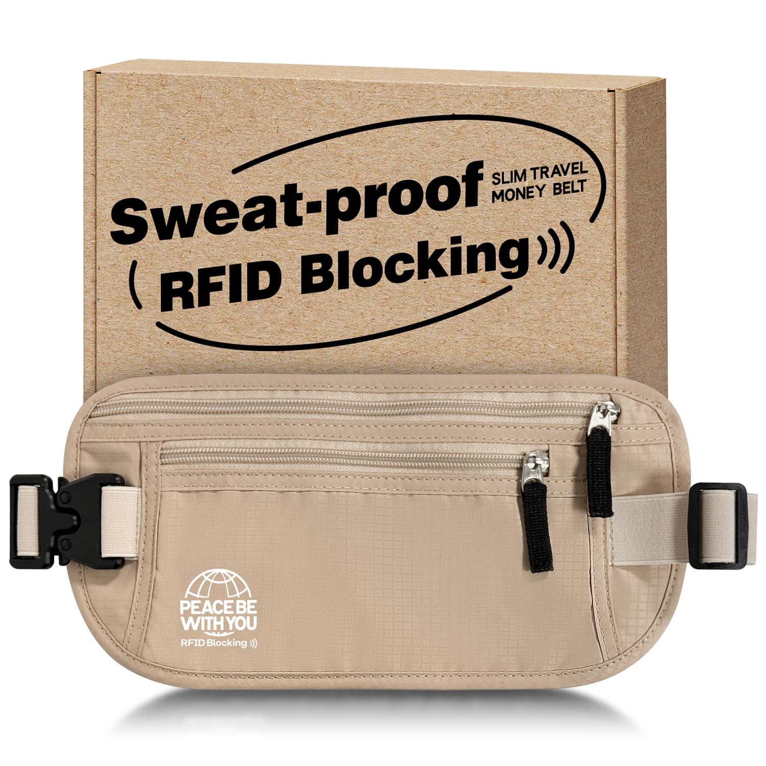 Hidden Travel Money Belt with RFID Blocking – Sweat-Proof Waist Wallet for Secure Storage (Beige)