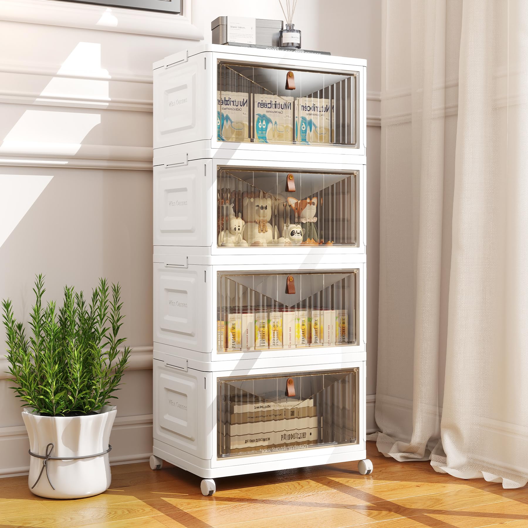 4-Tier Modular Storage Bins with Lids & Wheels – 23QT Foldable Plastic Organizer Drawers, White