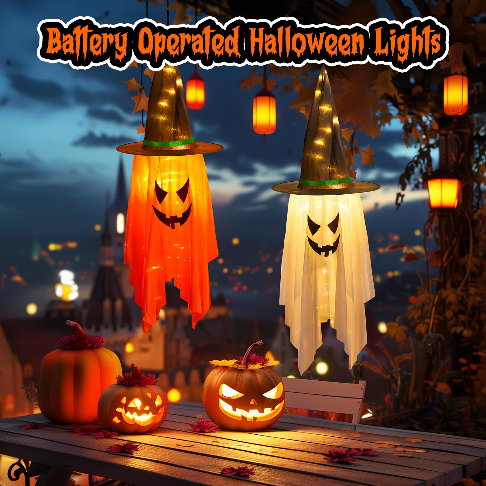 Lighted Hanging Witch Hats – 2-Pack Halloween Decorations with 20 LED Warm White Lights (Battery Operated, Indoor/Outdoor)