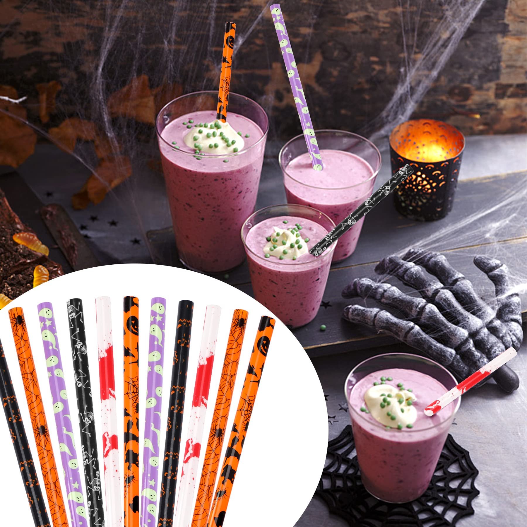 30PCS Assorted Halloween Reusable Straws – 6 Designs with Cleaning Brushes, Food-Grade Plastic for Party & Daily Drinks