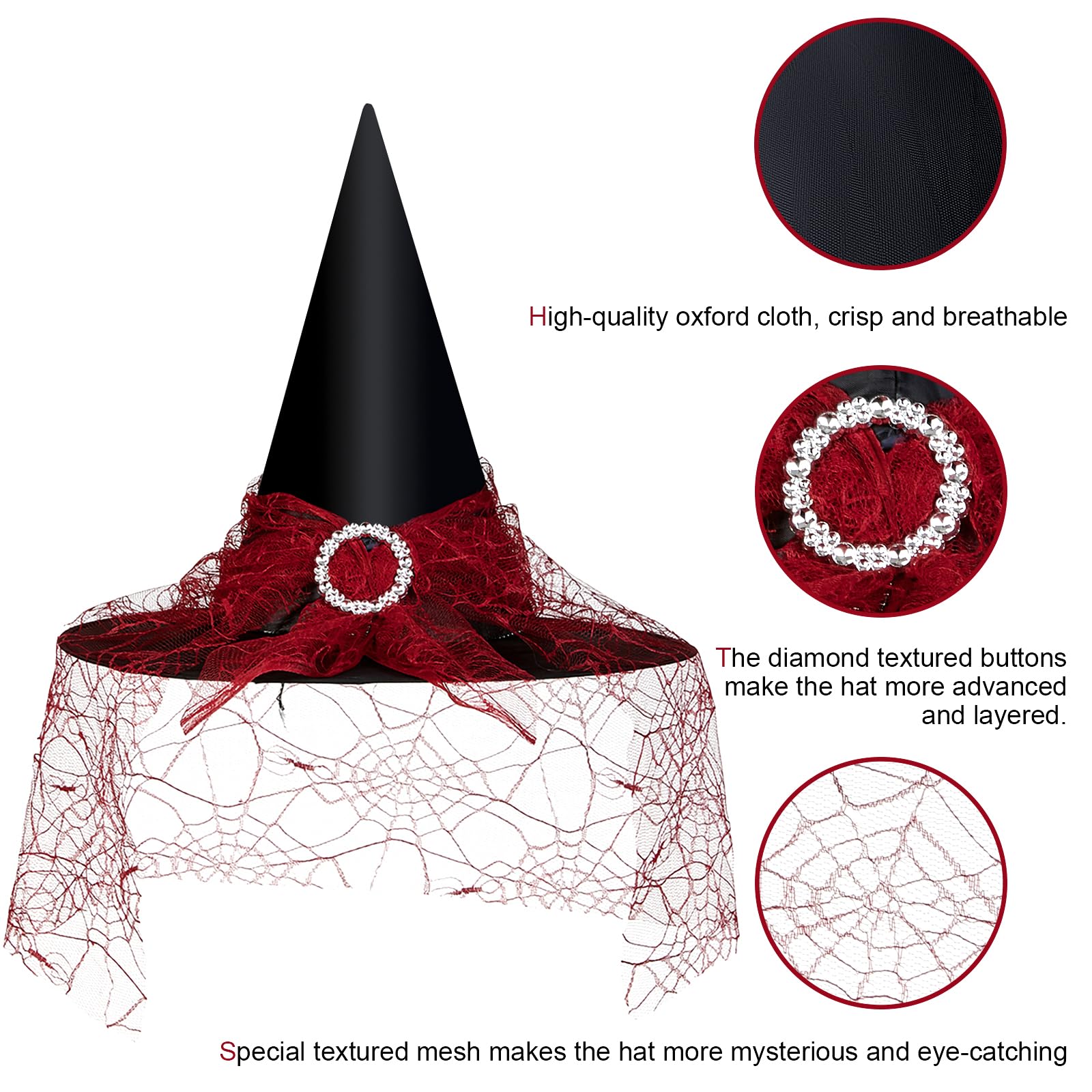 Red Lace Witch Hat with Rhinestone Buckle – Elegant Halloween Costume Accessory