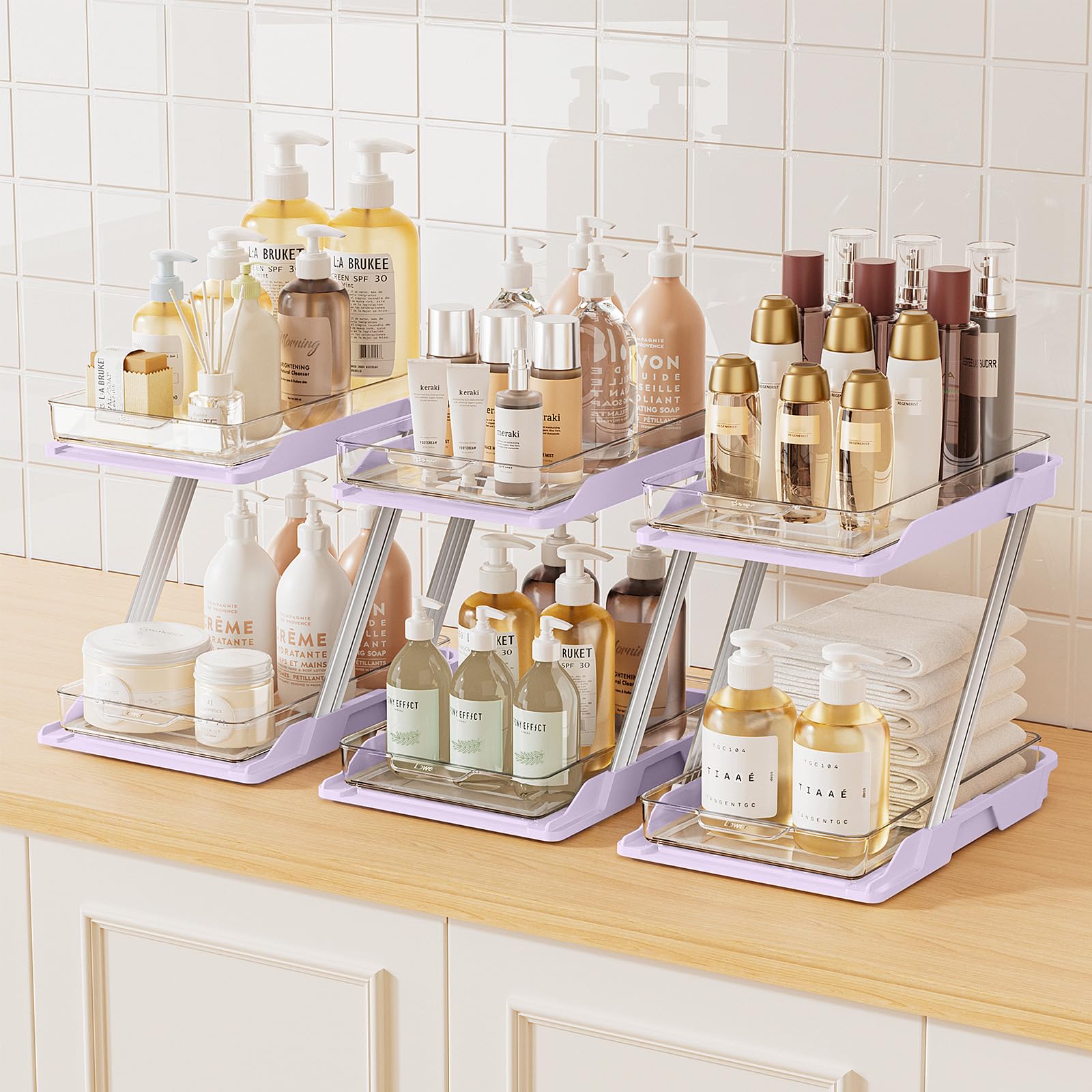 AUGBEAN Pink 2-Tier Clear Pull-Out Organizer Set – Z-Shaped Multi-Purpose Storage for Bathroom, Vanity & Countertop (3 Pack)
