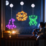 Halloween Window Lights Set – Pumpkins, Witch Hats & Spider LED Decor with Timer & Dual Lighting Modes (Battery Operated)