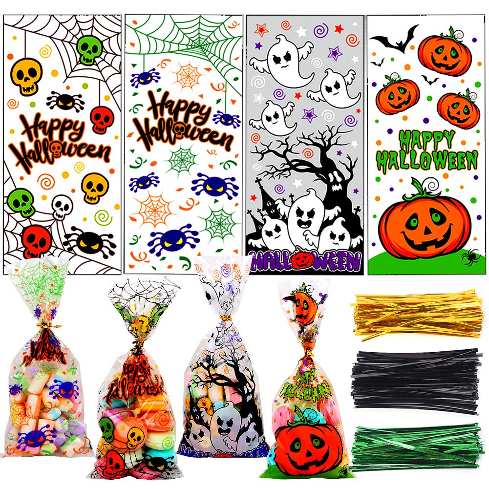 200-Pack Halloween Cellophane Treat Bags with 400 Twist Ties – Pumpkin, Ghost & Spider Designs (5x11 in)