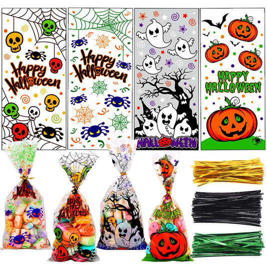 200-Pack Halloween Cellophane Treat Bags with 400 Twist Ties – Pumpkin, Ghost & Spider Designs (5x11 in)