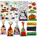 200-Pack Halloween Cellophane Treat Bags with 400 Twist Ties – Pumpkin, Ghost & Spider Designs (5x11 in)