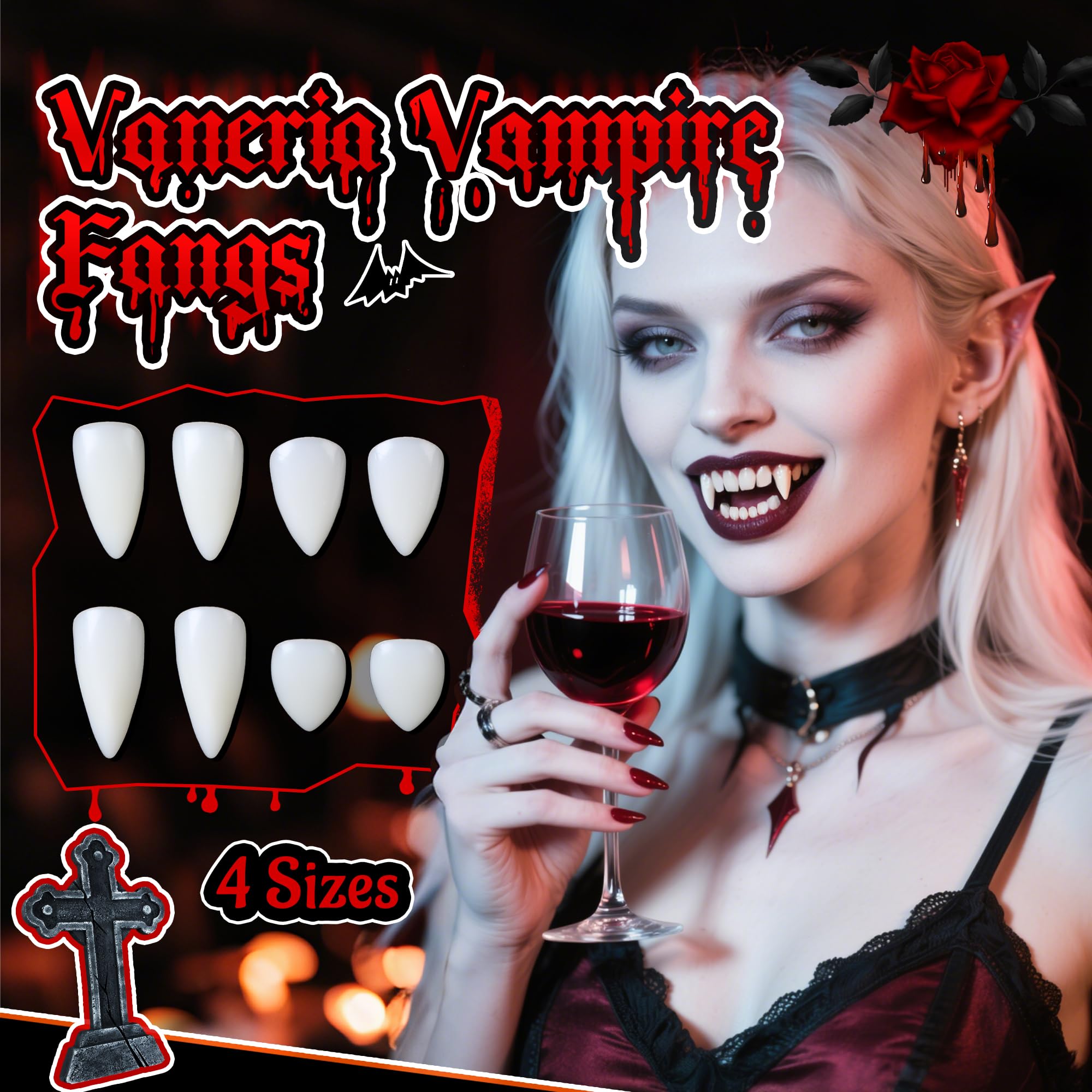 Vampire Fangs Set with Coffin Box – 4 Sizes Realistic White Fake Teeth with Adhesive (13mm–19mm)
