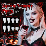 Vampire Fangs Set with Coffin Box – 4 Sizes Realistic White Fake Teeth with Adhesive (13mm–19mm)