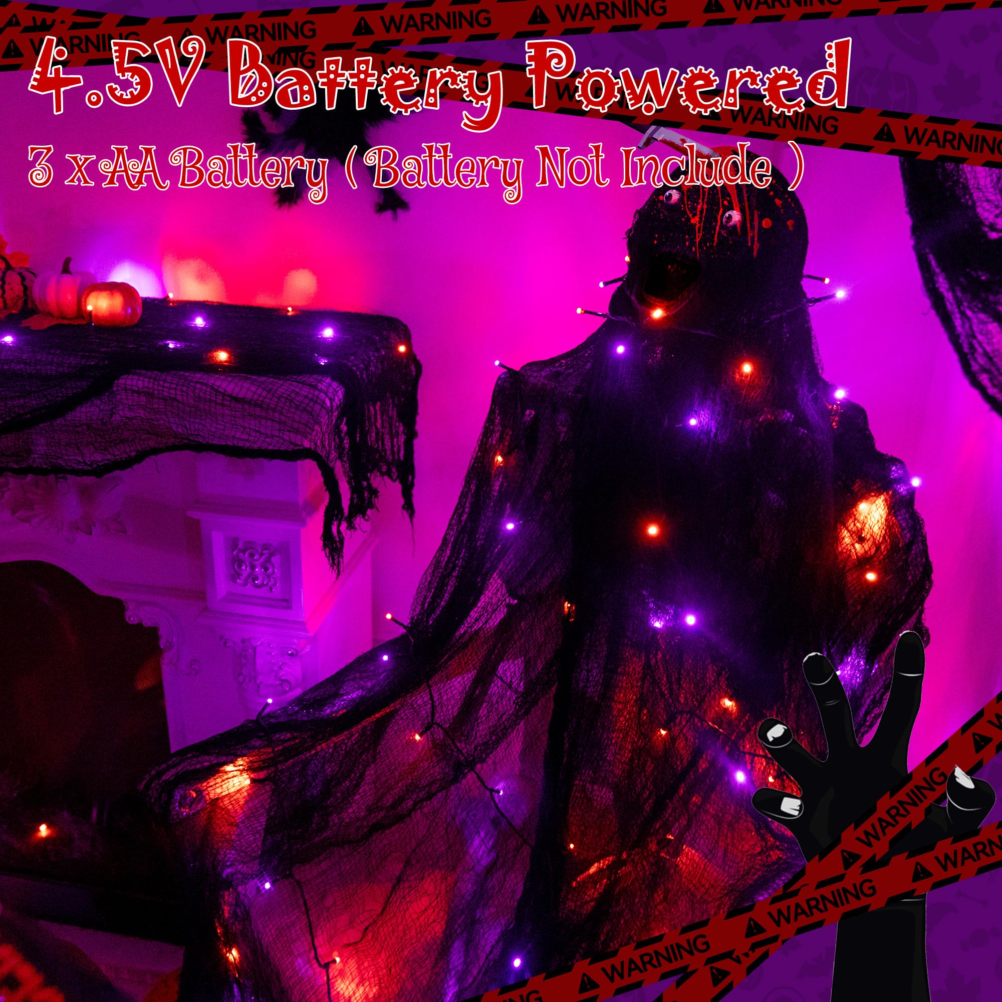 Halloween LED String Lights with Black Creepy Cloth – 50 LEDs Orange & Purple Lights, 8 Modes, Timer, Battery Powered (79 x 31 in)