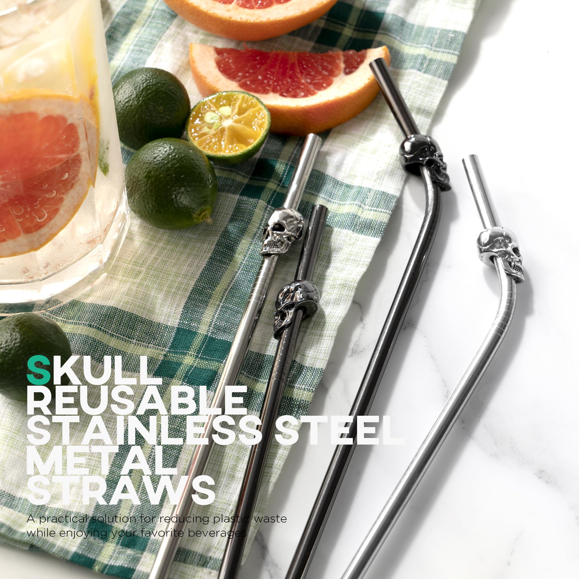 Stainless Steel Skull Straw Set – 10.5” Reusable Silver Black Straws (4PCS + Cleaning Brush + Carry Bag)