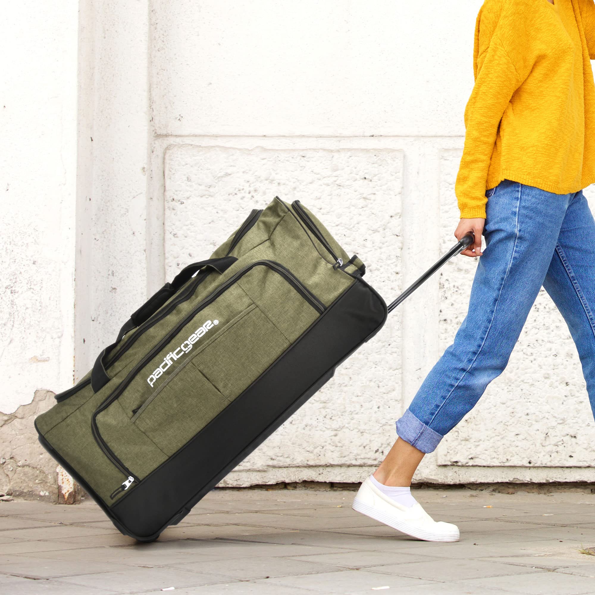 Pacific Gear Rolling Duffel Bag with Wheels, Large Capacity Travel Bag with Telescoping Handle (Green)