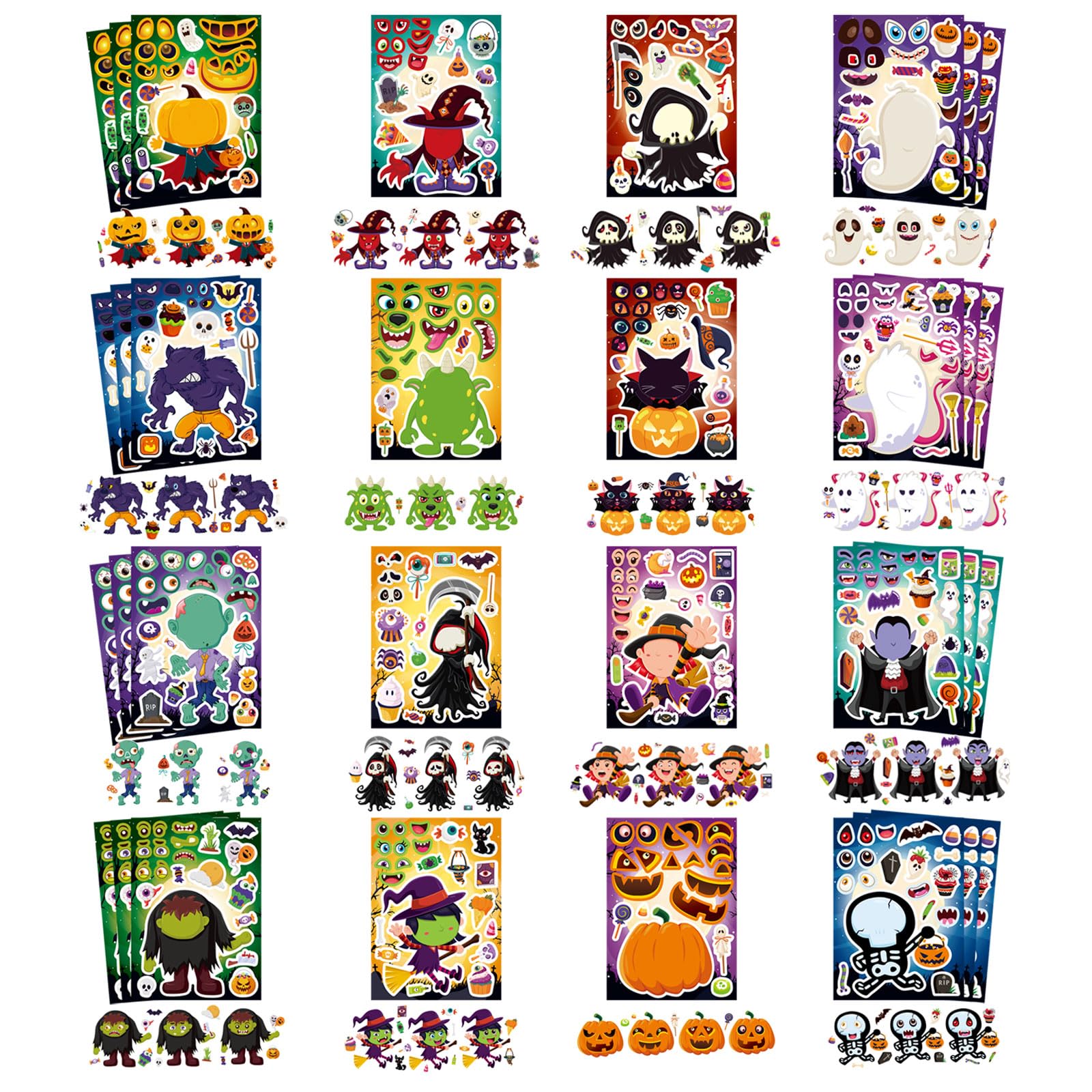 Halloween Make-A-Face Sticker Set for Kids – 32 Sheets, 16 Spooky Styles (Halloween 16 Style)