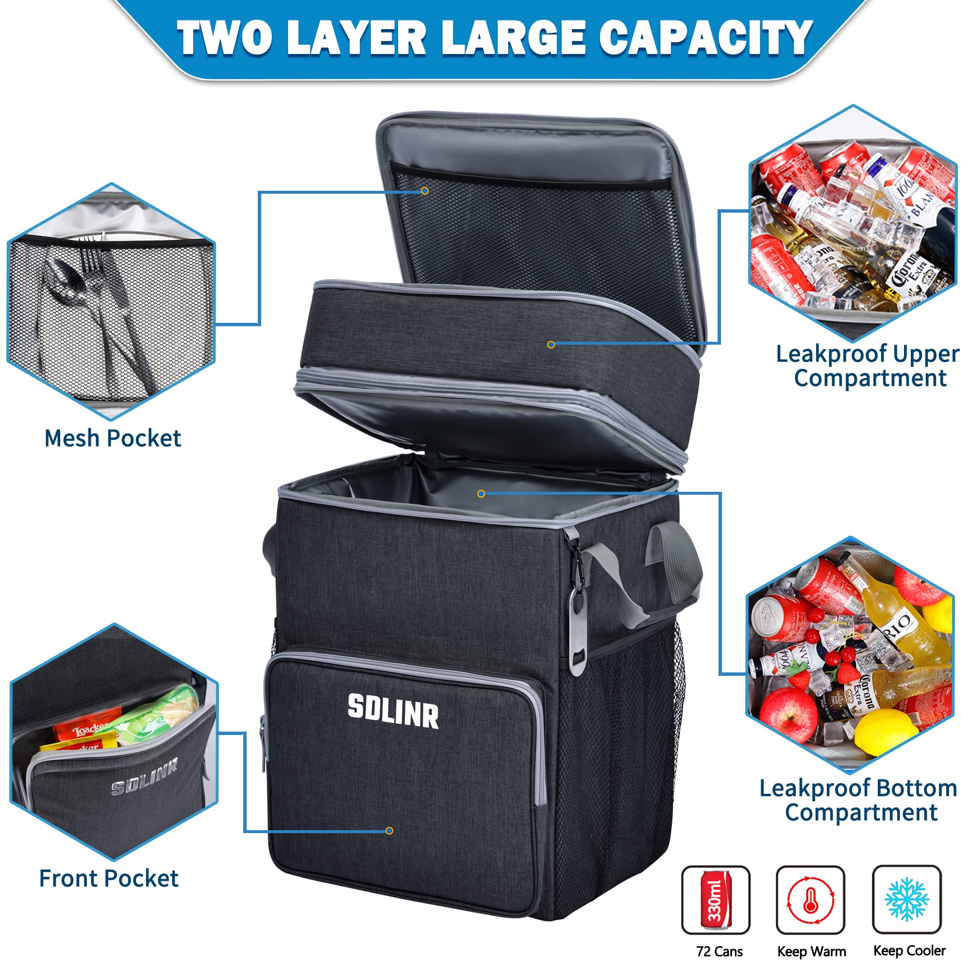 SDLINR 72-Can Large Rolling Cooler, Leakproof Insulated Soft Cooler with Detachable Cart & All-Terrain Wheels (Dark Gray)