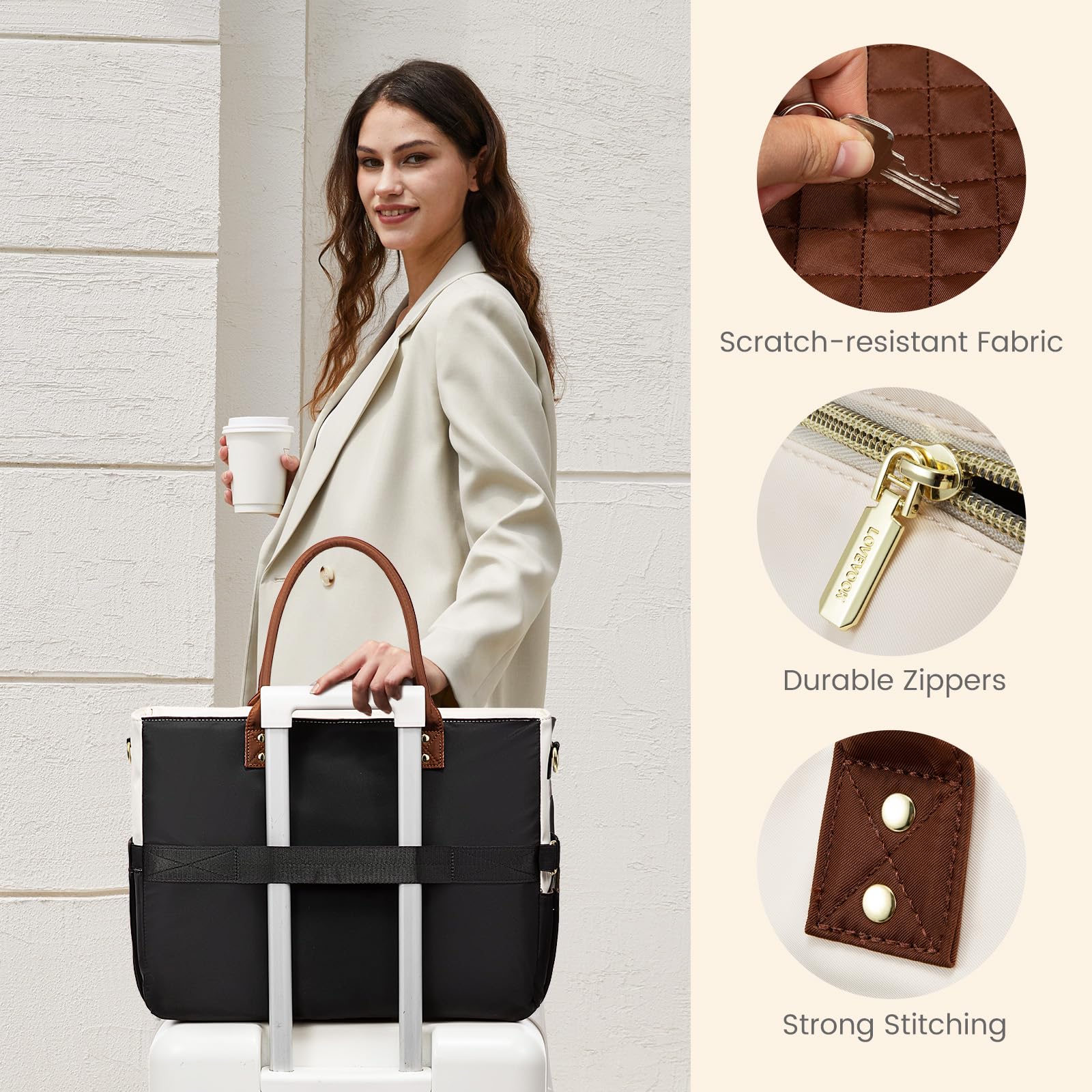 LOVEVOOK Teacher Tote Bag for Women – 15.6” Laptop Work Tote with Large Cup Holder, Multi-Pocket Organization & Luggage Sleeve (Black/Beige/Brown)