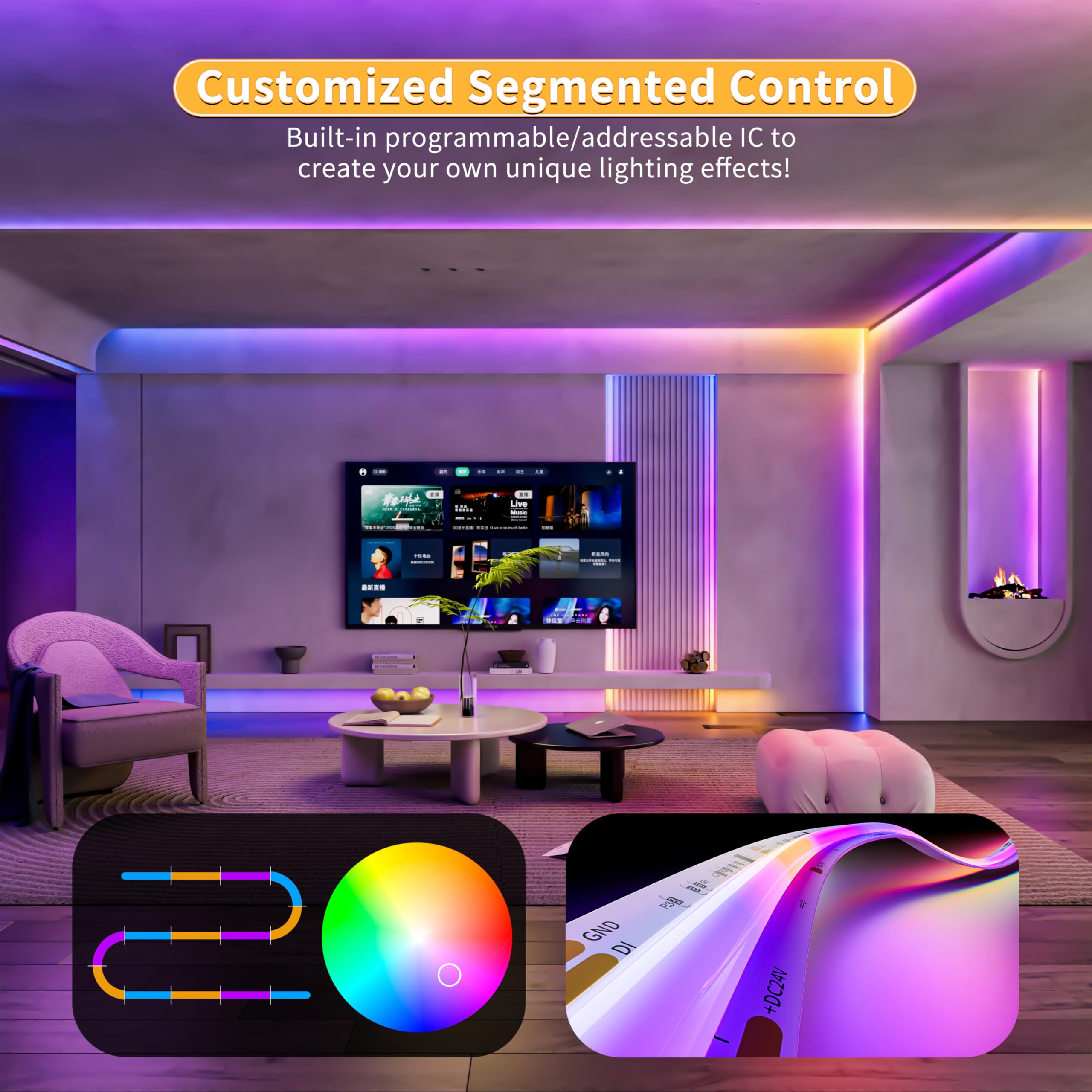 PAUTIX 24V Addressable RGBIC COB LED Strip 16.4ft – 3150 LEDs High Density DIY Smart Lighting