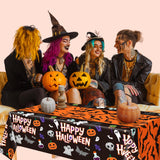 Halloween Tablecloths – Set of 2 Black Spooky Polyester Table Covers with Ghost, Bat & Pumpkin Prints (86.6x51.2 Inches)