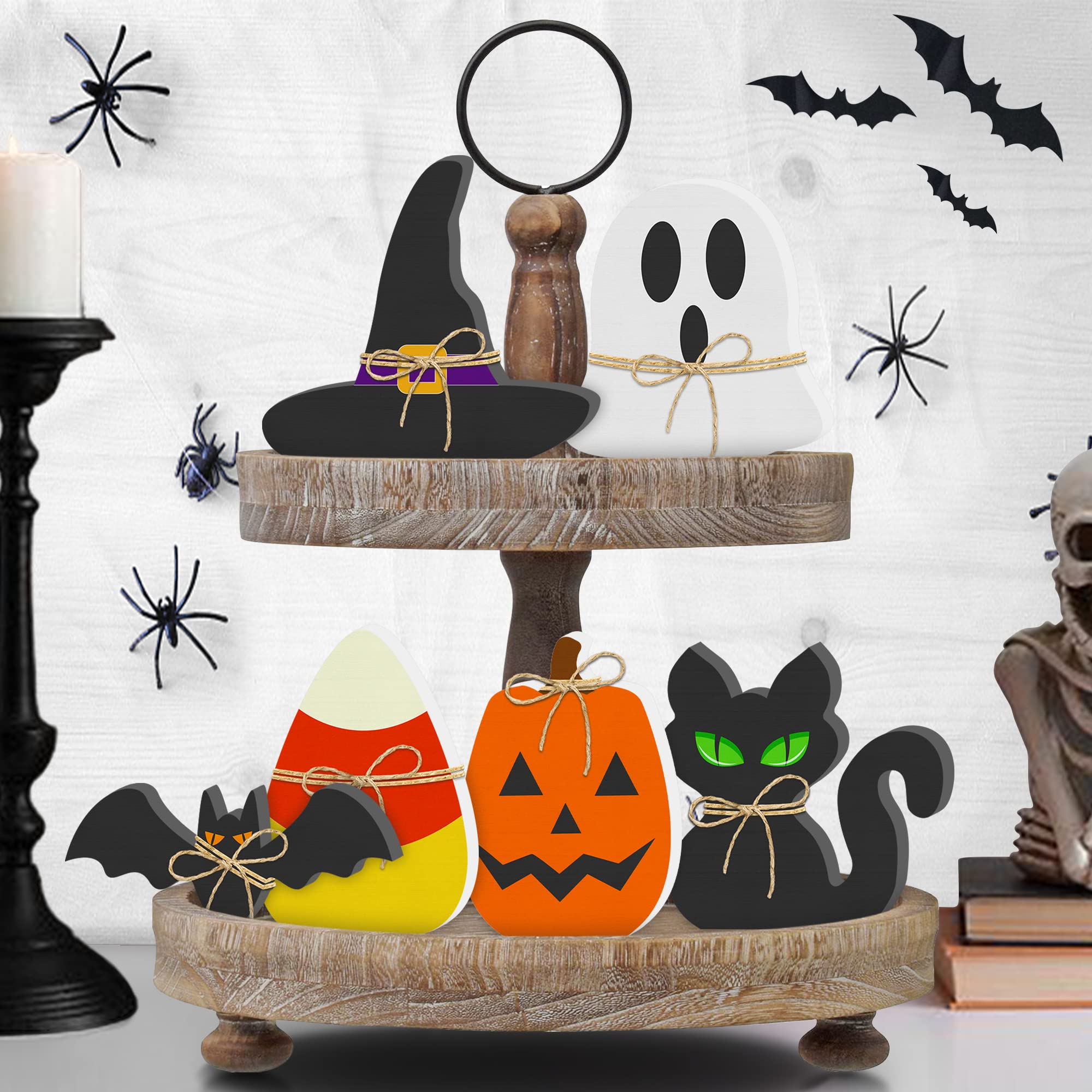Halloween Wooden Tiered Tray Decor Set – 6PCS Rustic Signs (Pumpkin, Ghost, Cat, Bat, Witch Hat & Candy Corn)