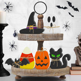 Halloween Wooden Tiered Tray Decor Set – 6PCS Rustic Signs (Pumpkin, Ghost, Cat, Bat, Witch Hat & Candy Corn)