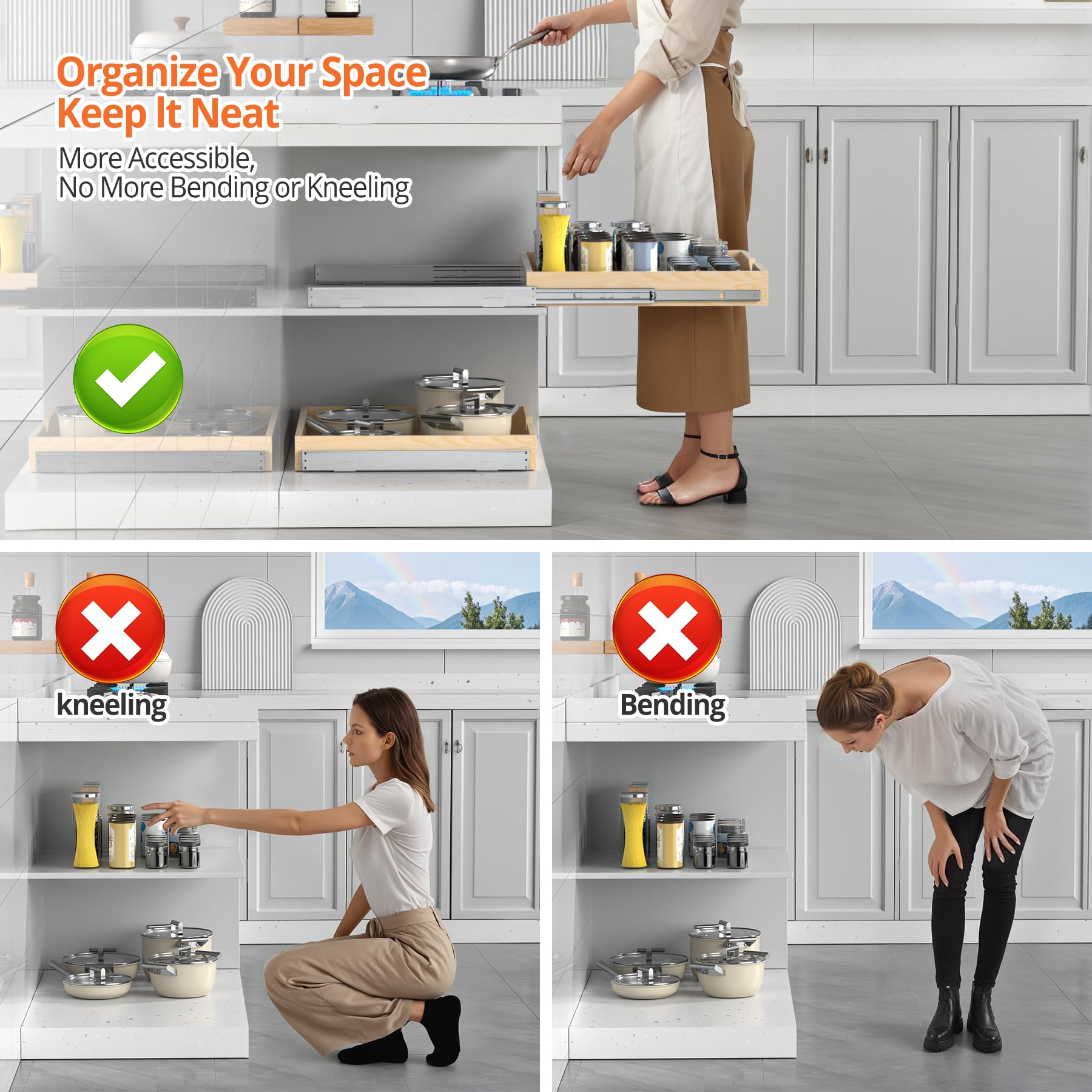 Solid Wood Pull-Out Cabinet Organizer with Soft-Close Slides – Heavy-Duty Slide-Out Drawer Shelf for Kitchen & Pantry