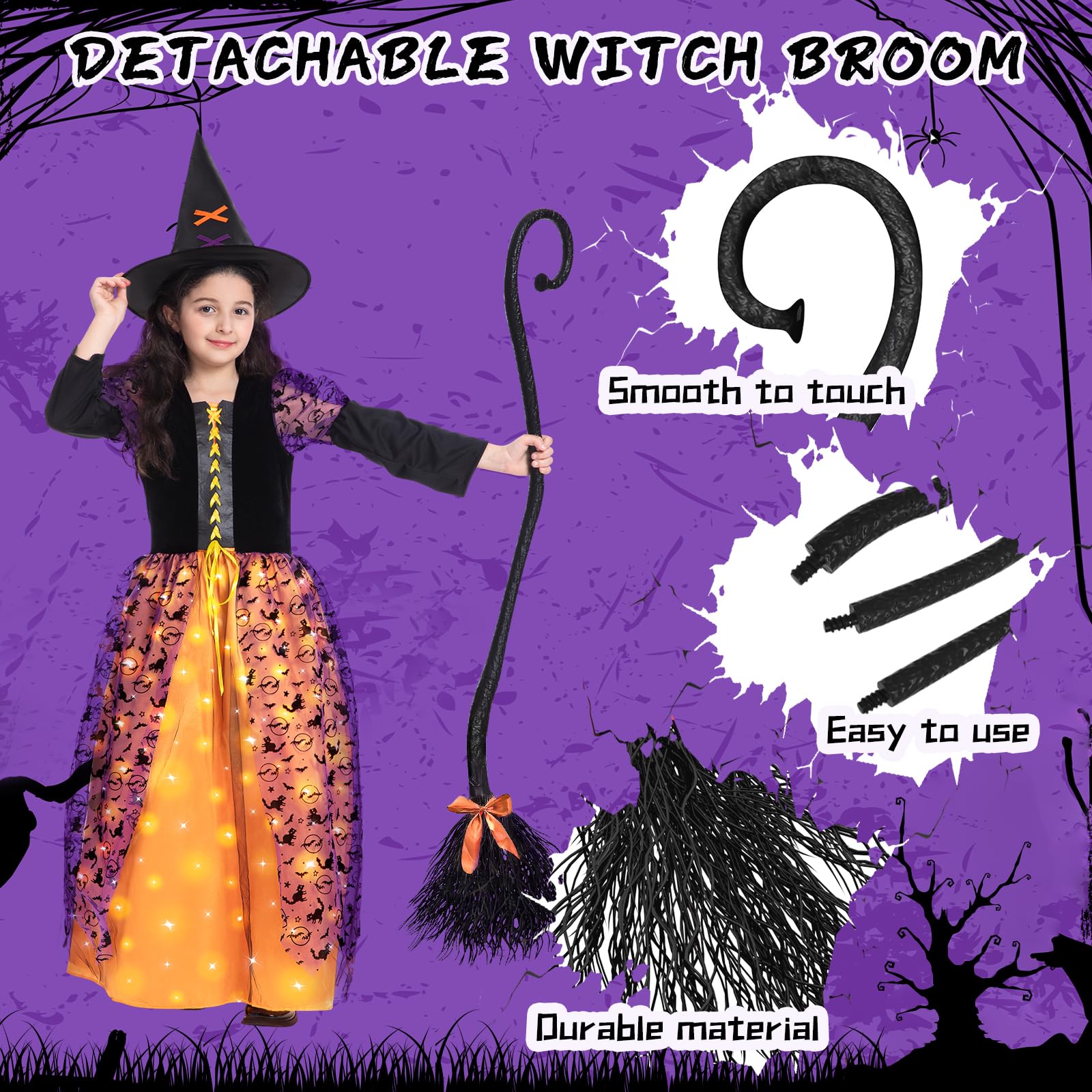 Purple Light-Up Witch Costume for Girls with Hat & Broom – LED Halloween Cosplay Outfit