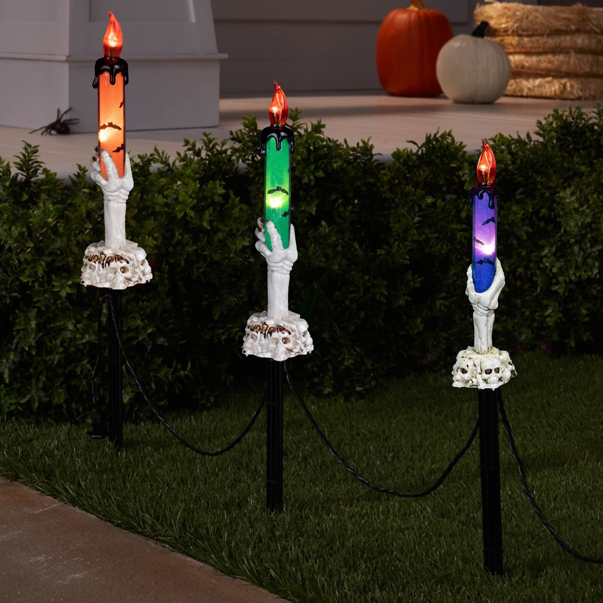 Halloween Skull Candle Light Stakes – 5-Piece LED Yard Decoration Set in Orange, Purple & Green with Timer Function