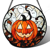 Halloween Stained Glass Suncatcher – Orange Ghost, Pumpkin & Bat Window Hanging Decoration with Chain
