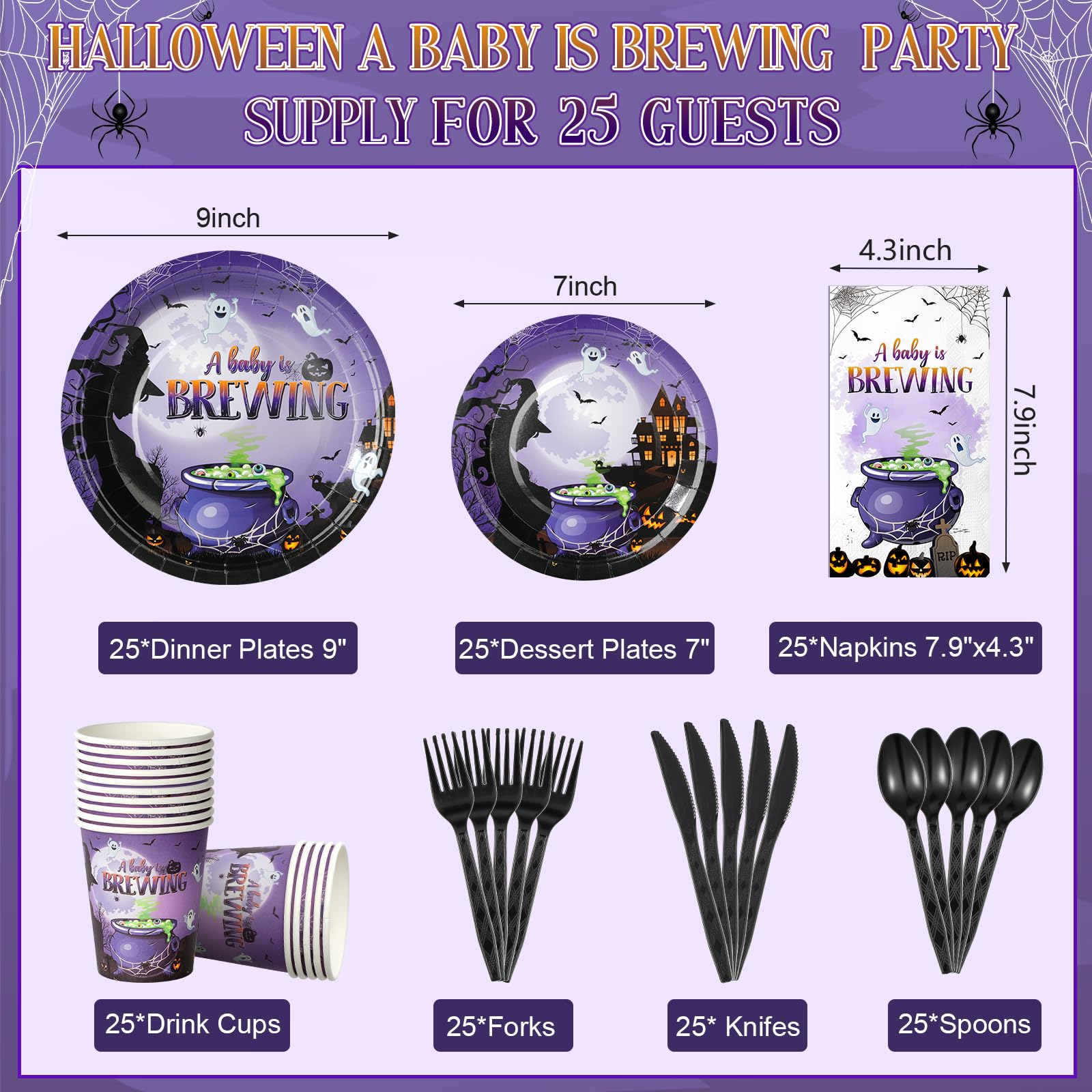 Halloween Baby Shower Party Supplies Set – Purple “A Baby is Brewing” Plates, Cups, Napkins & Cutlery for 25 Guests
