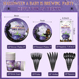 Halloween Baby Shower Party Supplies Set – Purple “A Baby is Brewing” Plates, Cups, Napkins & Cutlery for 25 Guests